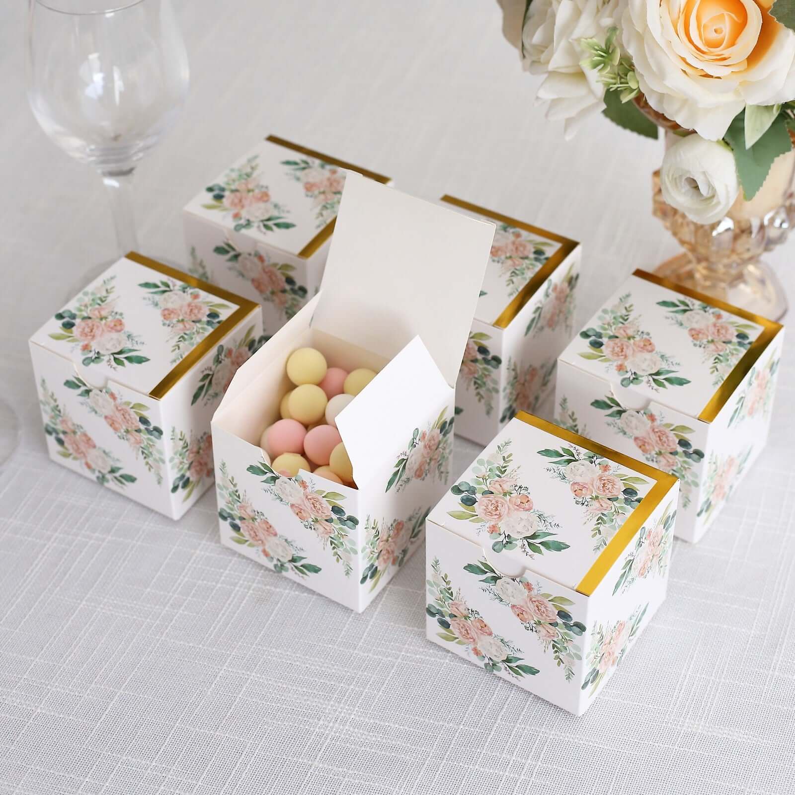 25 Pack White Pink Peony Flowers Print Paper Gift Boxes with Gold Edge, Cardstock Party Shower Candy Favor Boxes - 3"x3"x3" - Image 5