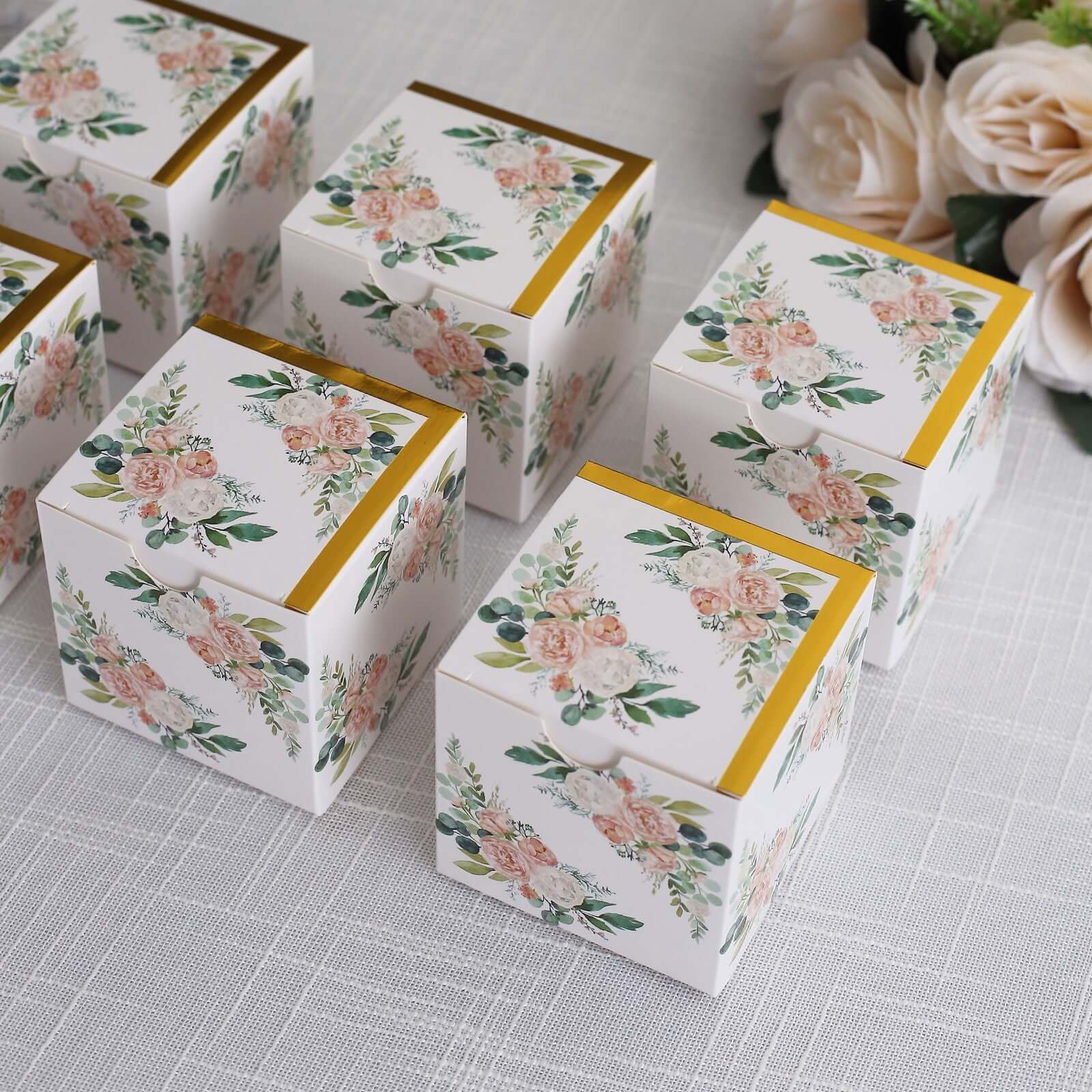 25 Pack White Pink Peony Flowers Print Paper Gift Boxes with Gold Edge, Cardstock Party Shower Candy Favor Boxes - 3"x3"x3" - Image 6