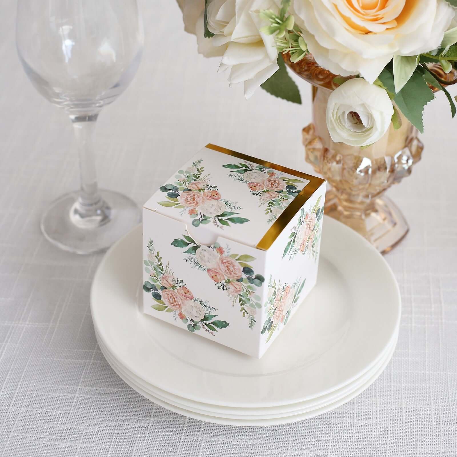 25 Pack White Pink Peony Flowers Print Paper Gift Boxes with Gold Edge, Cardstock Party Shower Candy Favor Boxes - 3"x3"x3" - Image 9