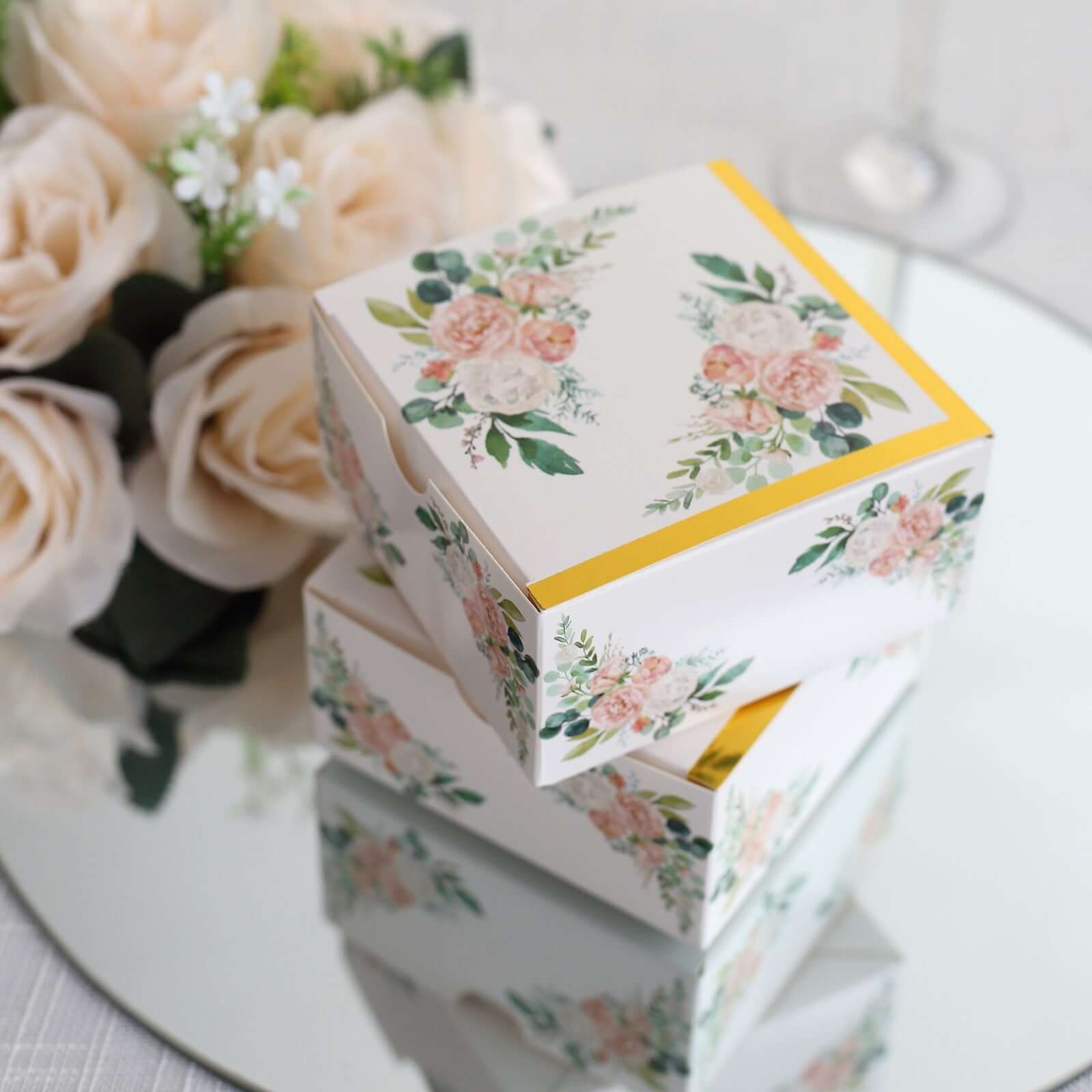 25 Pack White Pink Peony Flowers Print Paper Gift Boxes with Gold Edge, Cardstock Party Shower Candy Favor Boxes - 4"x4"x2" - Image 10