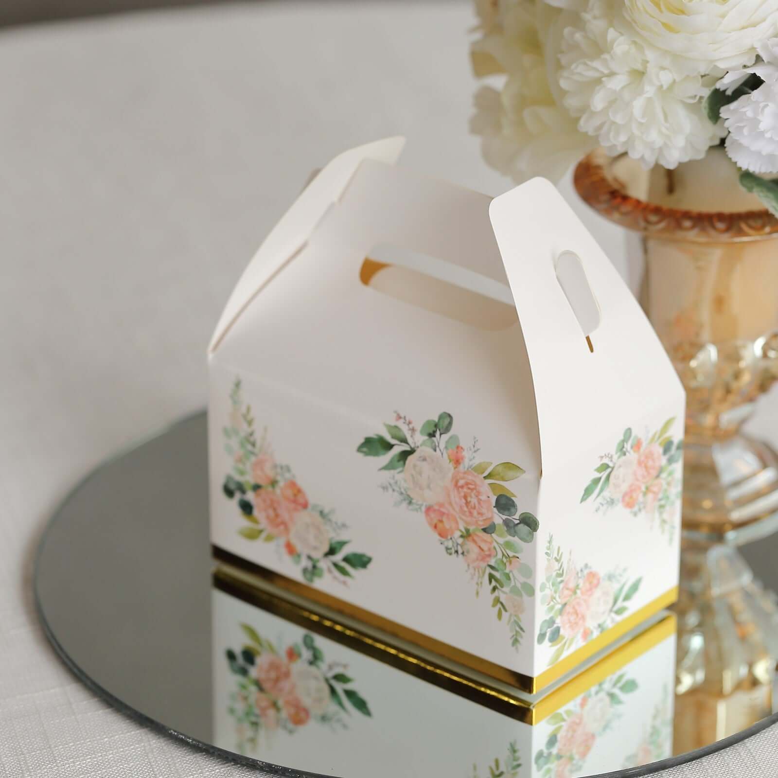 25 Pack White Pink Peony Flowers Print Party Favor Tote Gable Boxes with Gold Edge, Candy Treat Gift Boxes - 6"x3.5"x7" - Image 4