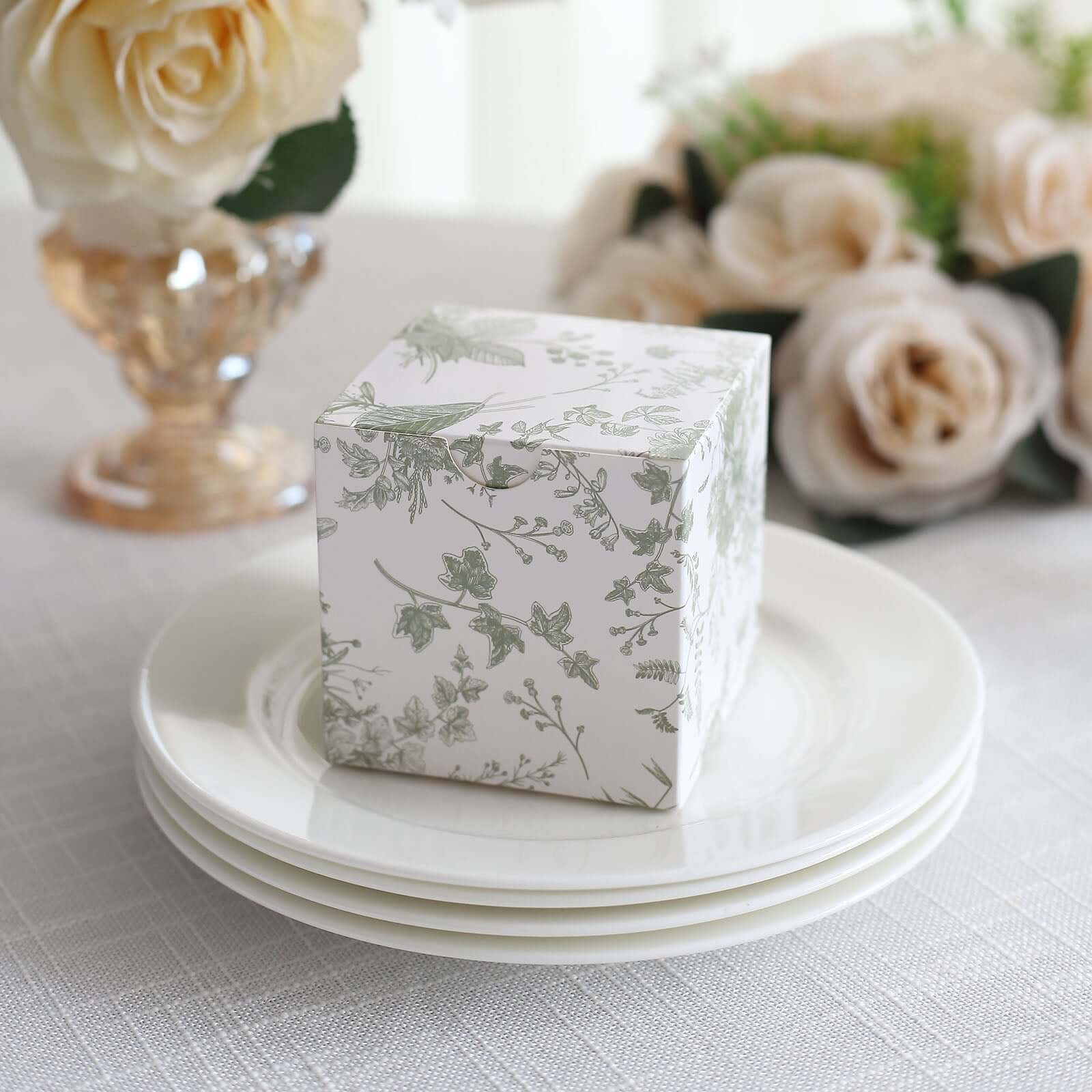 25 Pack White Sage Green Paper Gift Boxes in French Toile Pattern, Cardstock Party Shower Candy Favor Boxes - 3"x3"x3" - Image 4