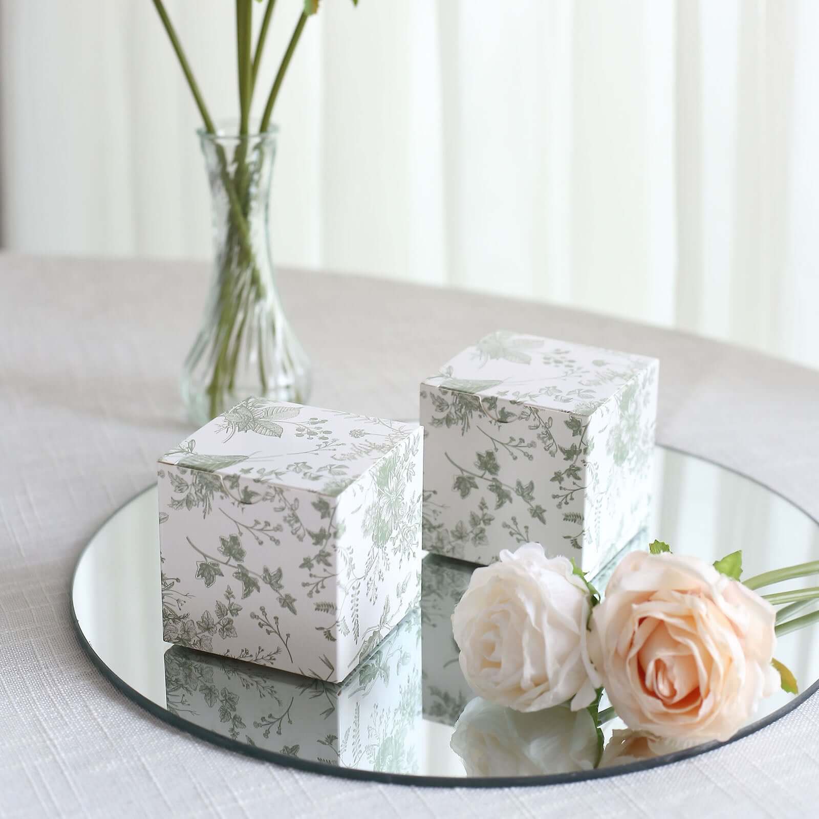 25 Pack White Sage Green Paper Gift Boxes in French Toile Pattern, Cardstock Party Shower Candy Favor Boxes - 3"x3"x3" - Image 6