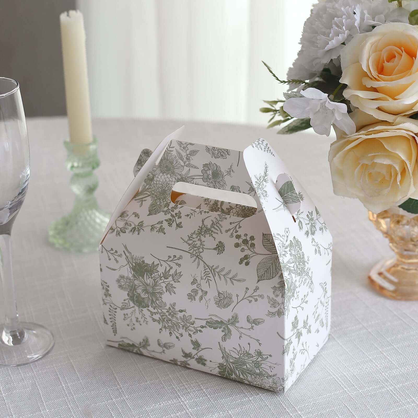 25 Pack White Sage Green Party Favor Gift Tote Gable Boxes in French Toile Pattern, Candy Treat Boxes - 6"x3.5"x7" - Image 4
