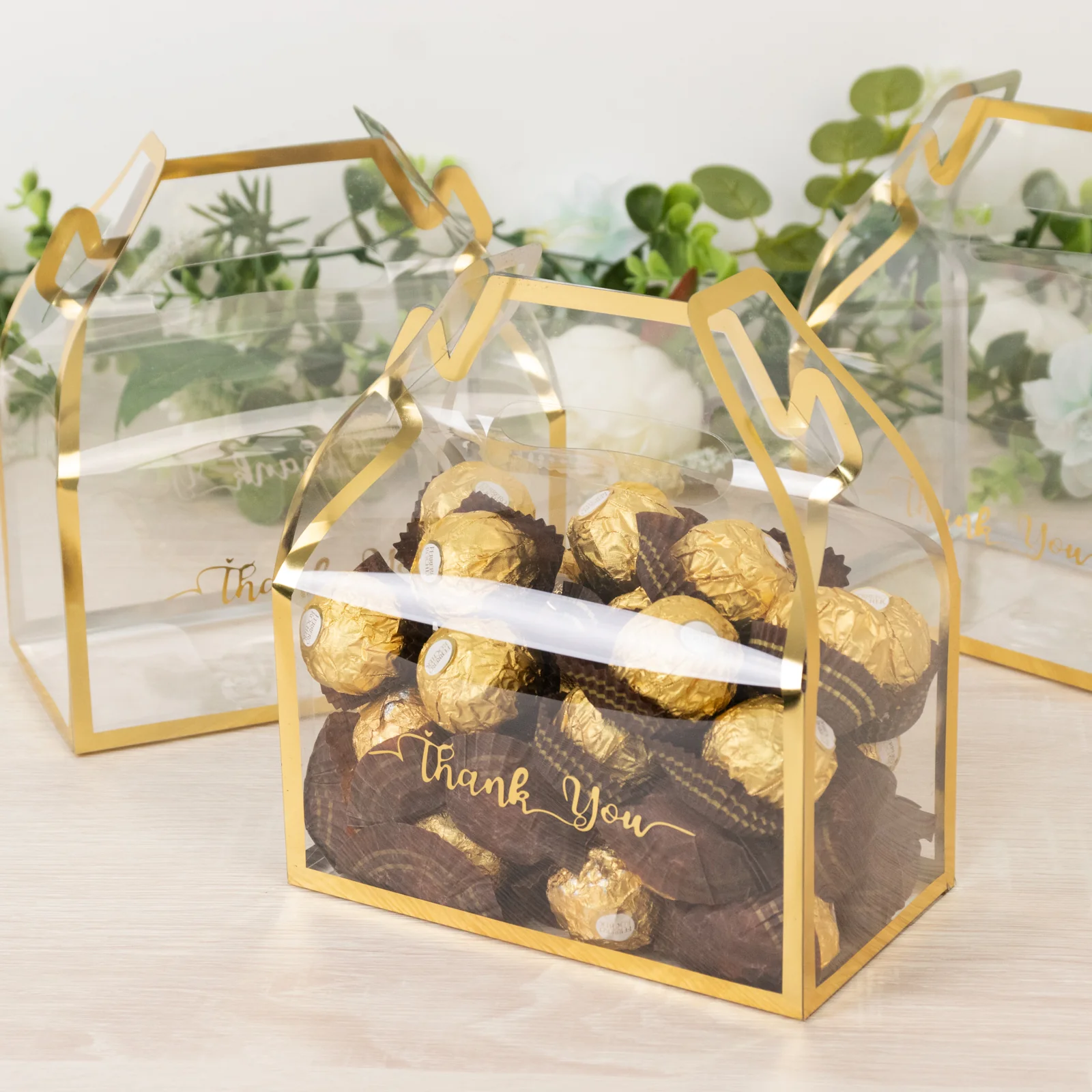 25 Pack Gold Trimmed Clear PVC Tote Gable Boxes with Thank You Print, Transparent Candy Favor Boxes for Parties & Events - 6"x3.5"x7" - Image 7