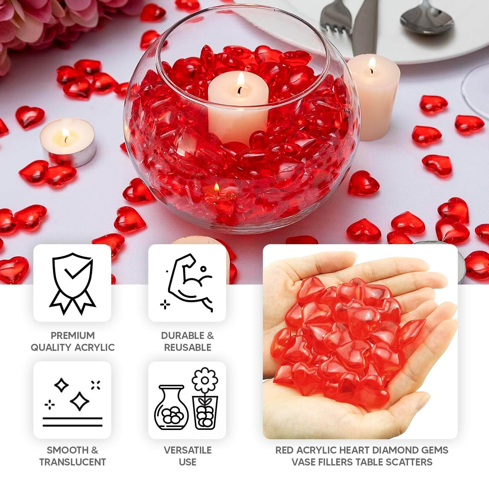 250 Pcs Red Acrylic Heart Diamond Gems Vase Fillers - Translucent Valentine's Day Ornaments & Table Scatters - Image 4