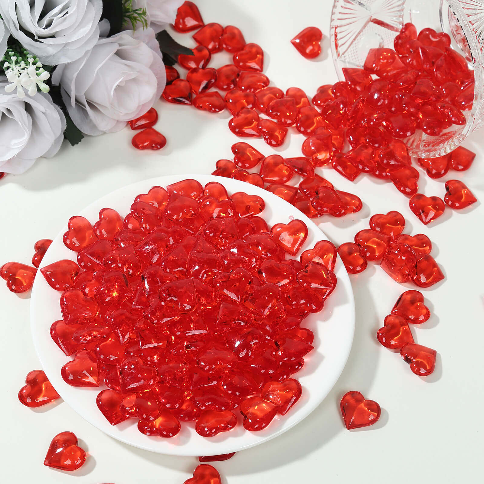 250 Pcs Red Acrylic Heart Diamond Gems Vase Fillers - Translucent Valentine's Day Ornaments & Table Scatters - Image 6