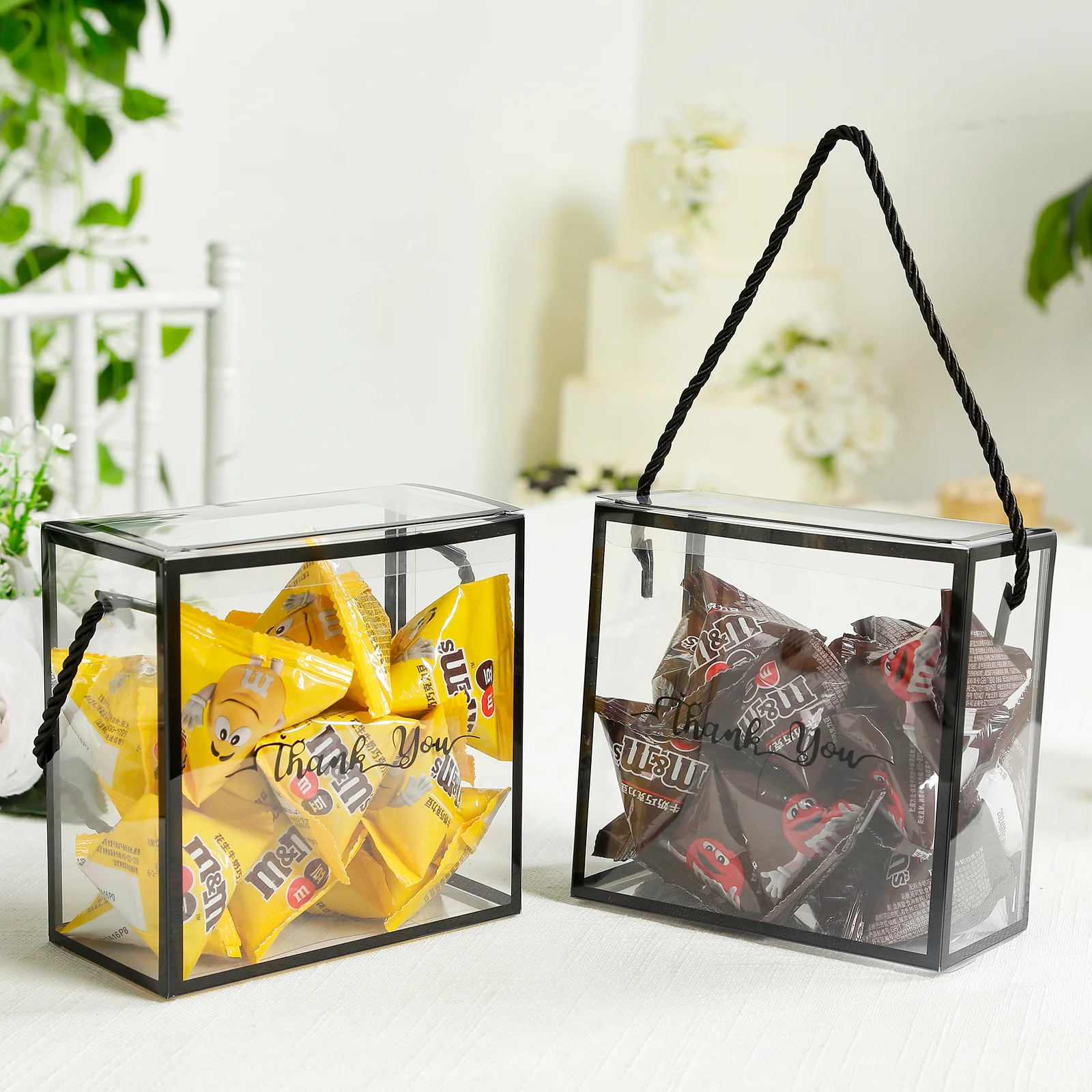 25 Pack Clear PVC Favor Boxes with Black Trim Rope Handles and Thank You Print, Transparent Portable Candy Gift Boxes - 5.5"x5.5" - Image 9