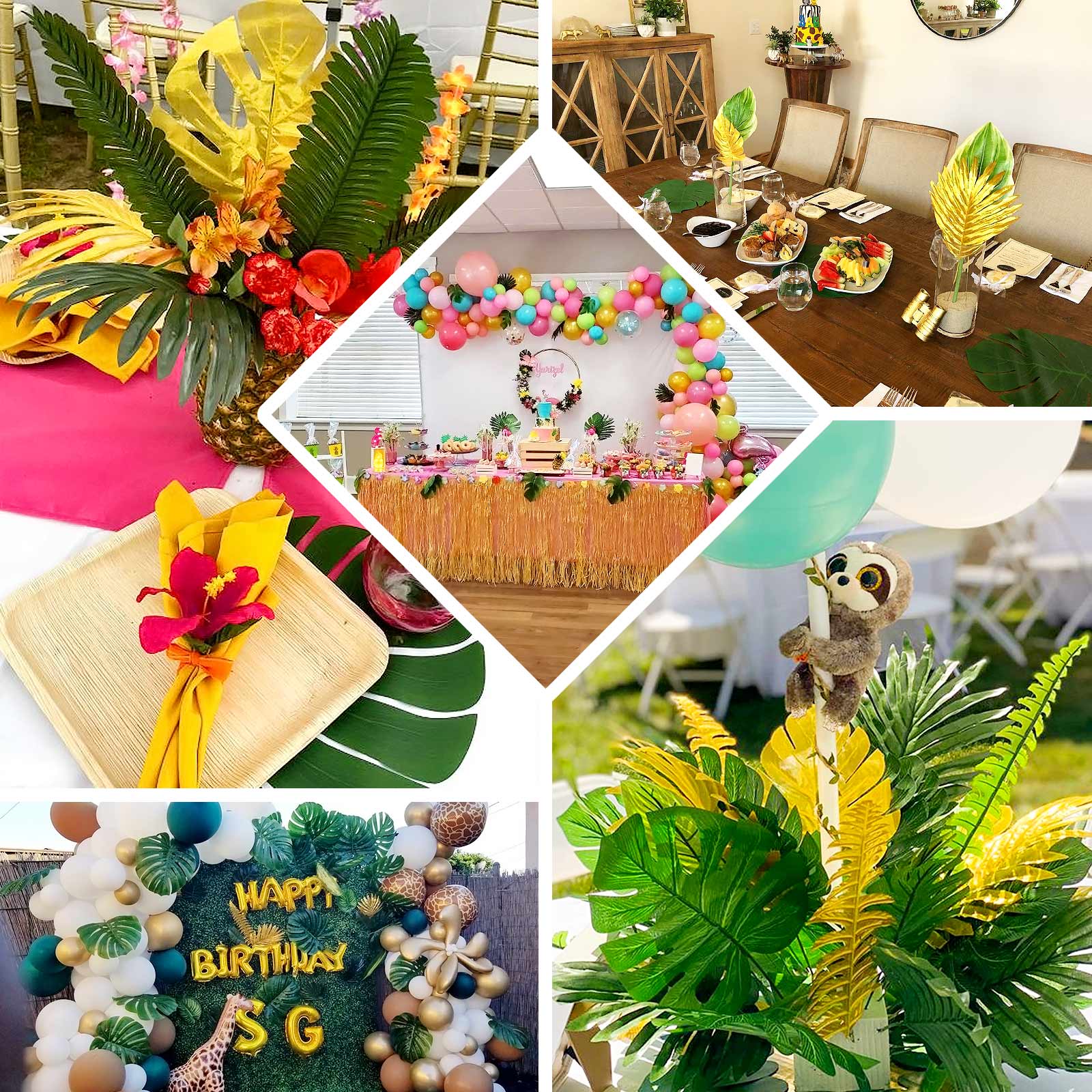 28 Pack Green And Gold Artificial Jungle Theme Palm Leaves, Assorted Silk Tropical Monstera Branches - Image 5