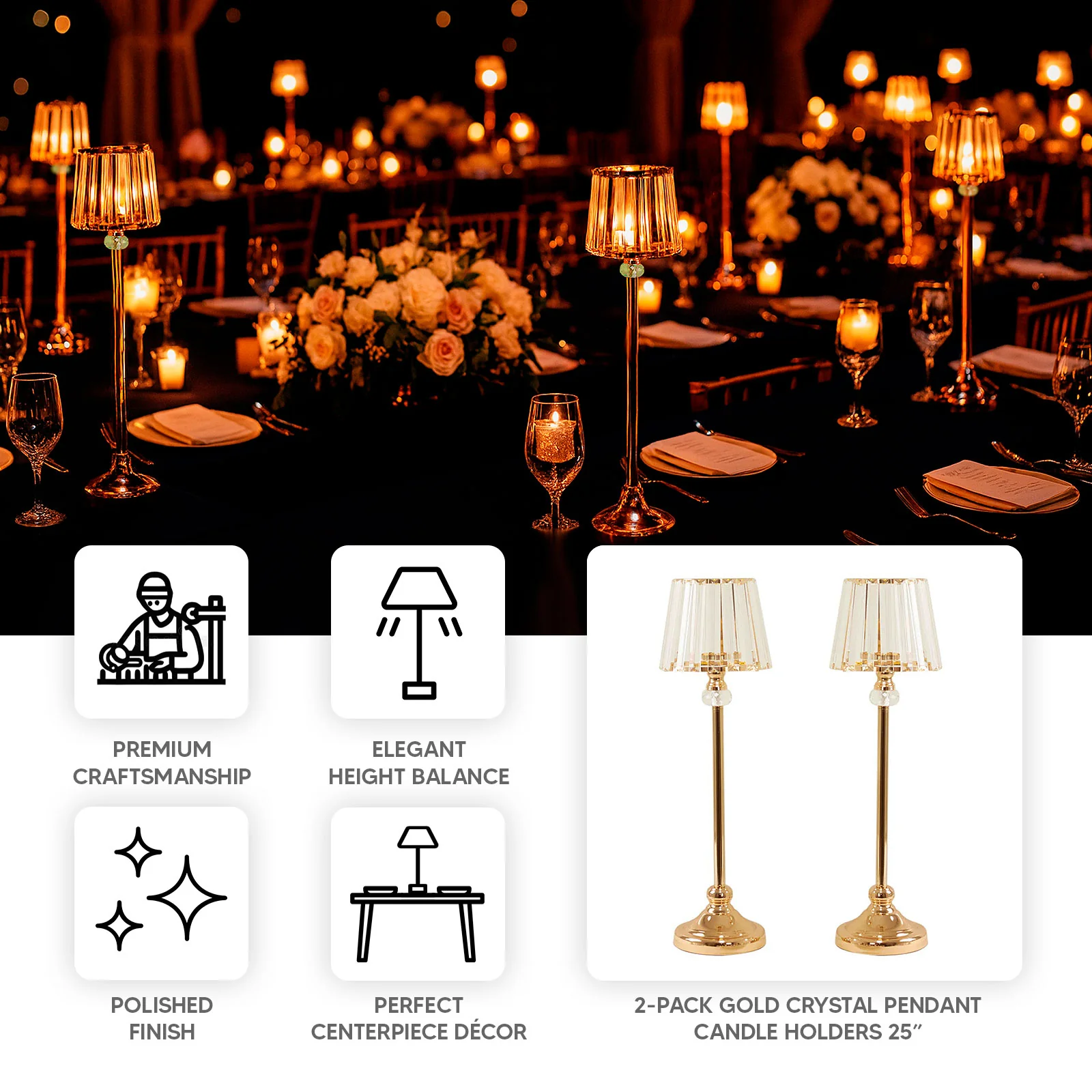 2-Pack Gold Crystal Pendant Candle Holders 25" Classic Empire Lamp Shade Style, Votive Candle Stand for Table Centerpieces - Image 3