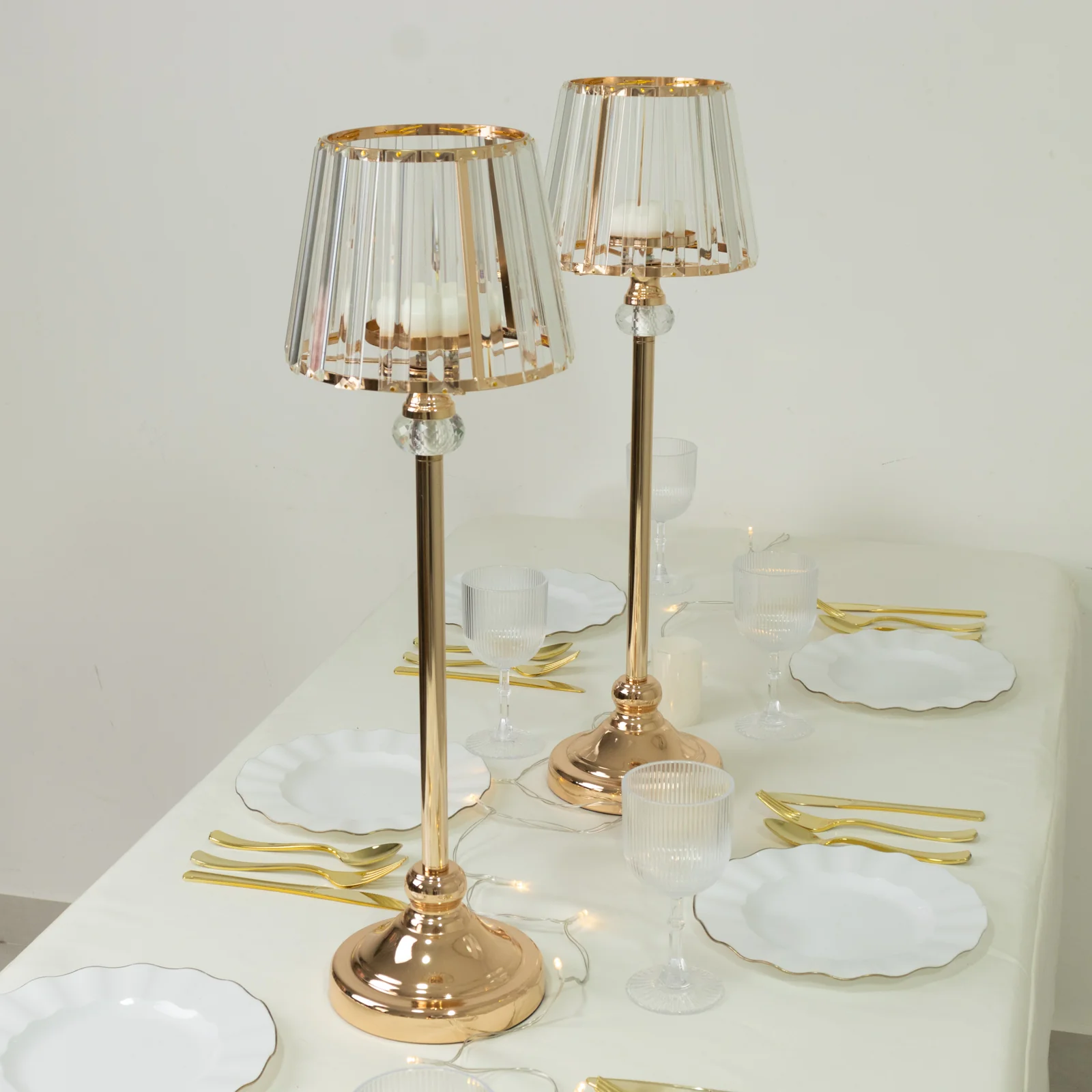 2-Pack Gold Crystal Pendant Candle Holders 25" Classic Empire Lamp Shade Style, Votive Candle Stand for Table Centerpieces - Image 7