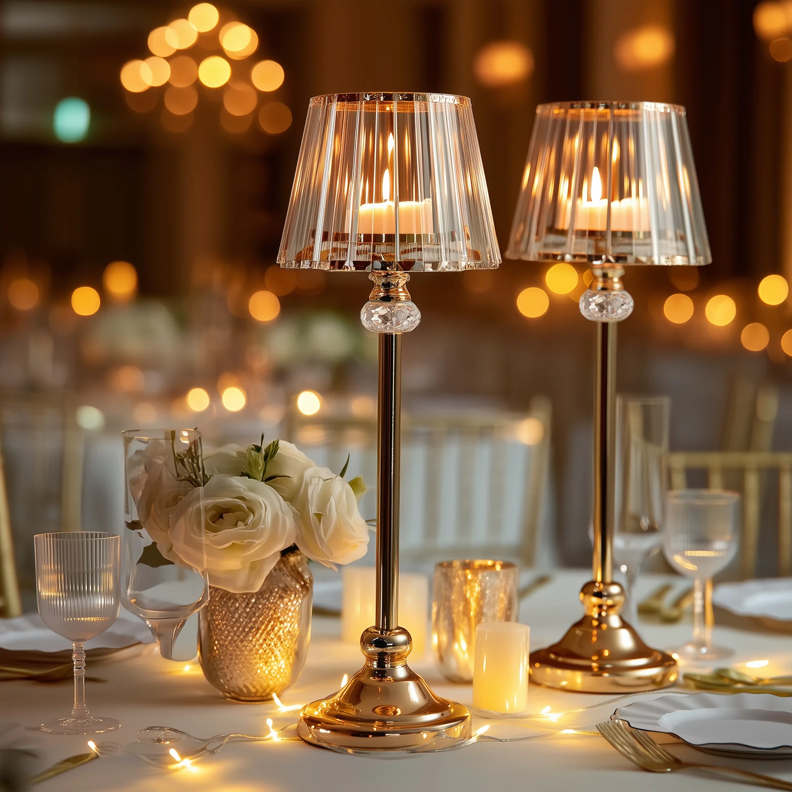 2-Pack Gold Crystal Pendant Candle Holders 25" Classic Empire Lamp Shade Style, Votive Candle Stand for Table Centerpieces - Image 8