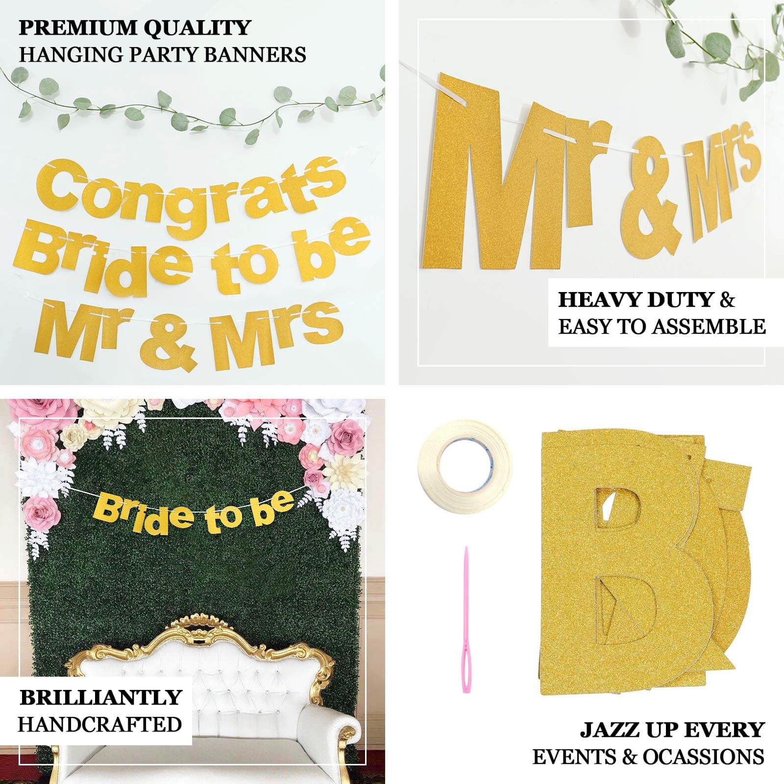 Gold Glittered Bride To Be Paper Hanging Bridal Shower Garland Banner, Bachelorette Party Banner 3.5ft - Image 4