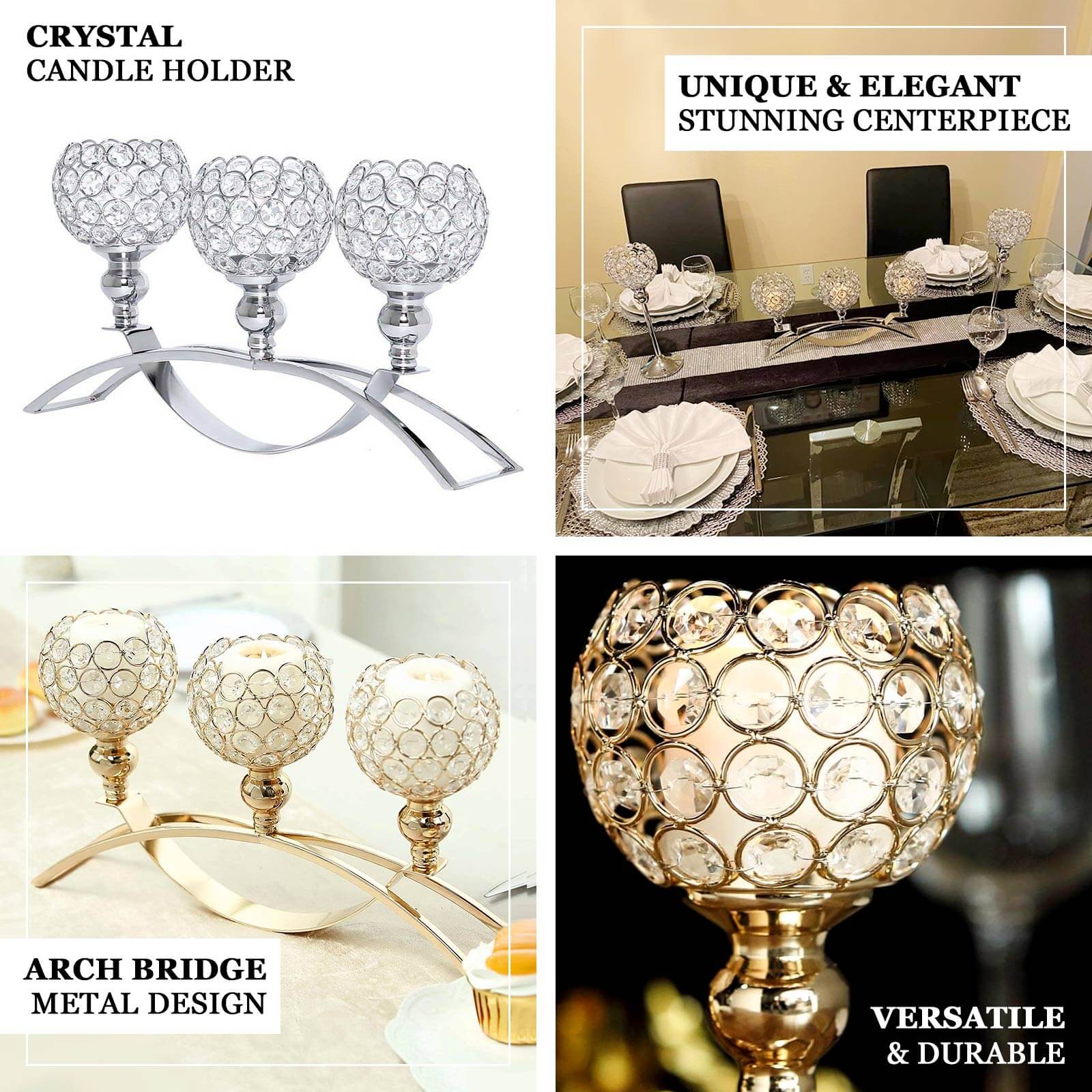 3-Arm Gold Crystal Beaded Arch Bridge Candelabra 16" - Stylish Table Centerpiece for Upscale Events - Image 4