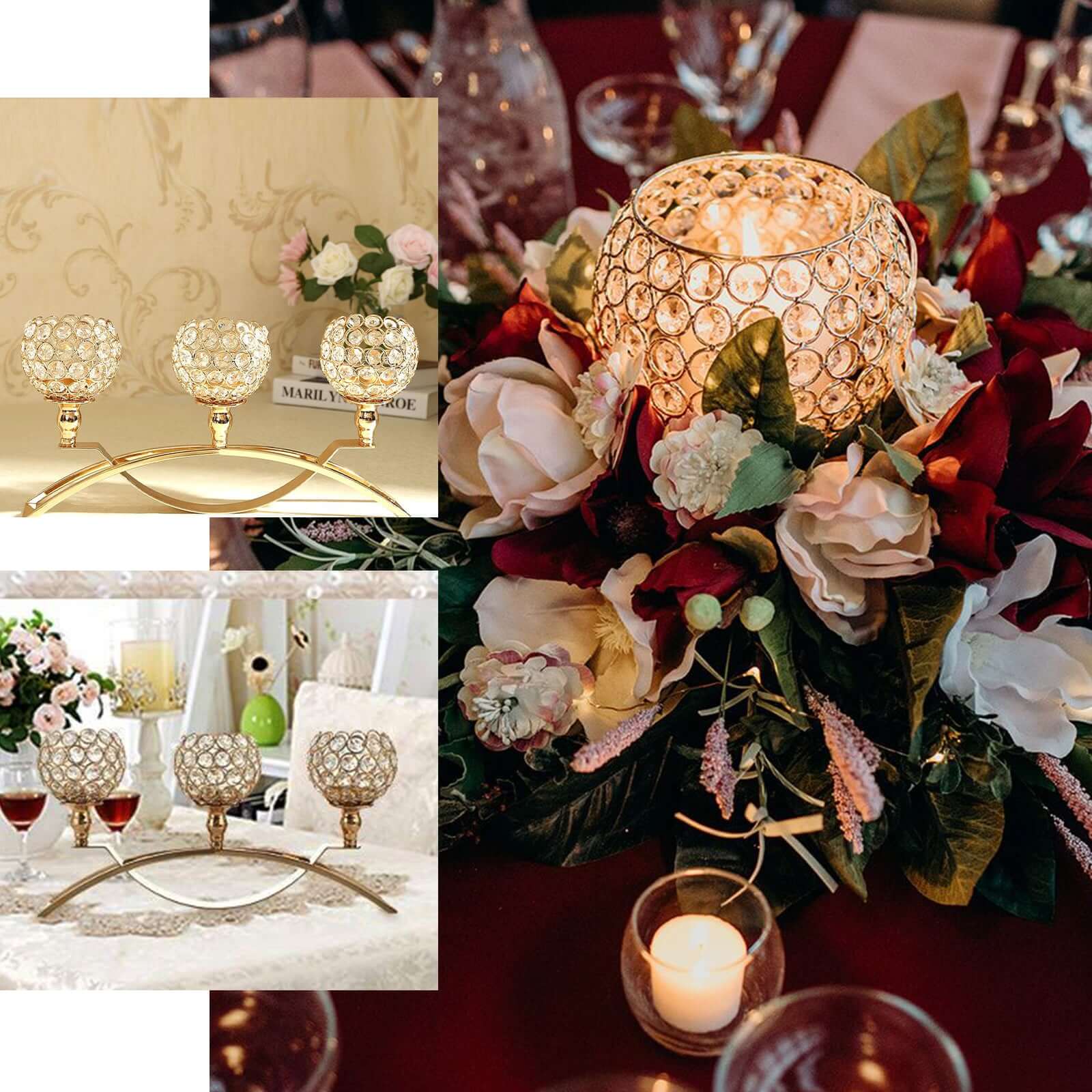 3-Arm Gold Crystal Beaded Arch Bridge Candelabra 16" - Stylish Table Centerpiece for Upscale Events - Image 7