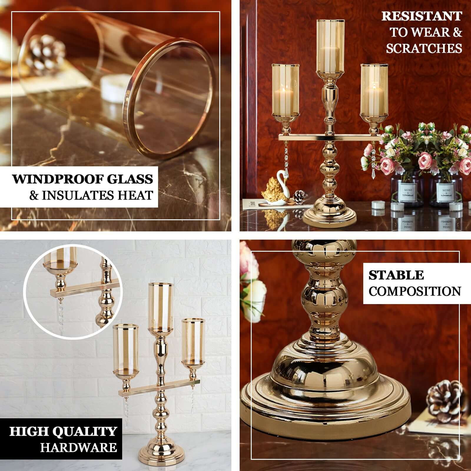 3-Arm Gold Metal Candelabra with Amber Glass Shades - Sophisticated Table Centerpiece for Events - Image 4