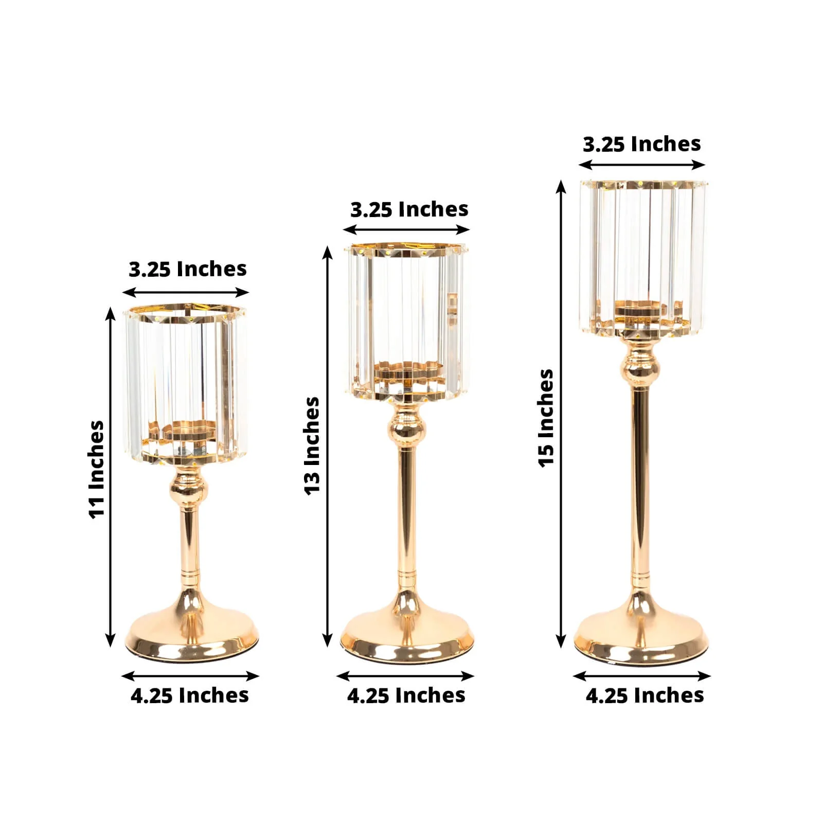 Set of 3 Crystal Pendant Hurricane Candle Holders in Gold, Elegant Cylindrical Design for Pillar Candles, Decorative Table Centerpieces - 11",13",15" - Image 2