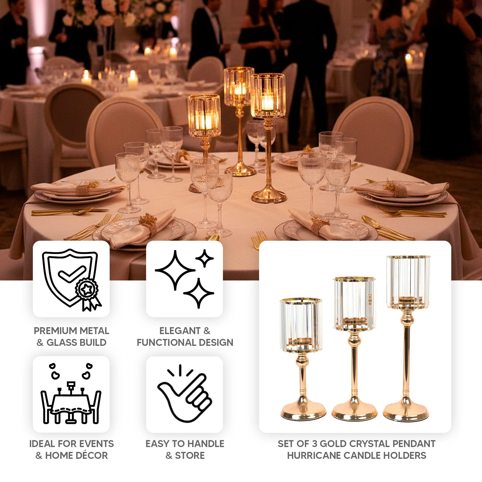 Set of 3 Crystal Pendant Hurricane Candle Holders in Gold, Elegant Cylindrical Design for Pillar Candles, Decorative Table Centerpieces - 11",13",15" - Image 3