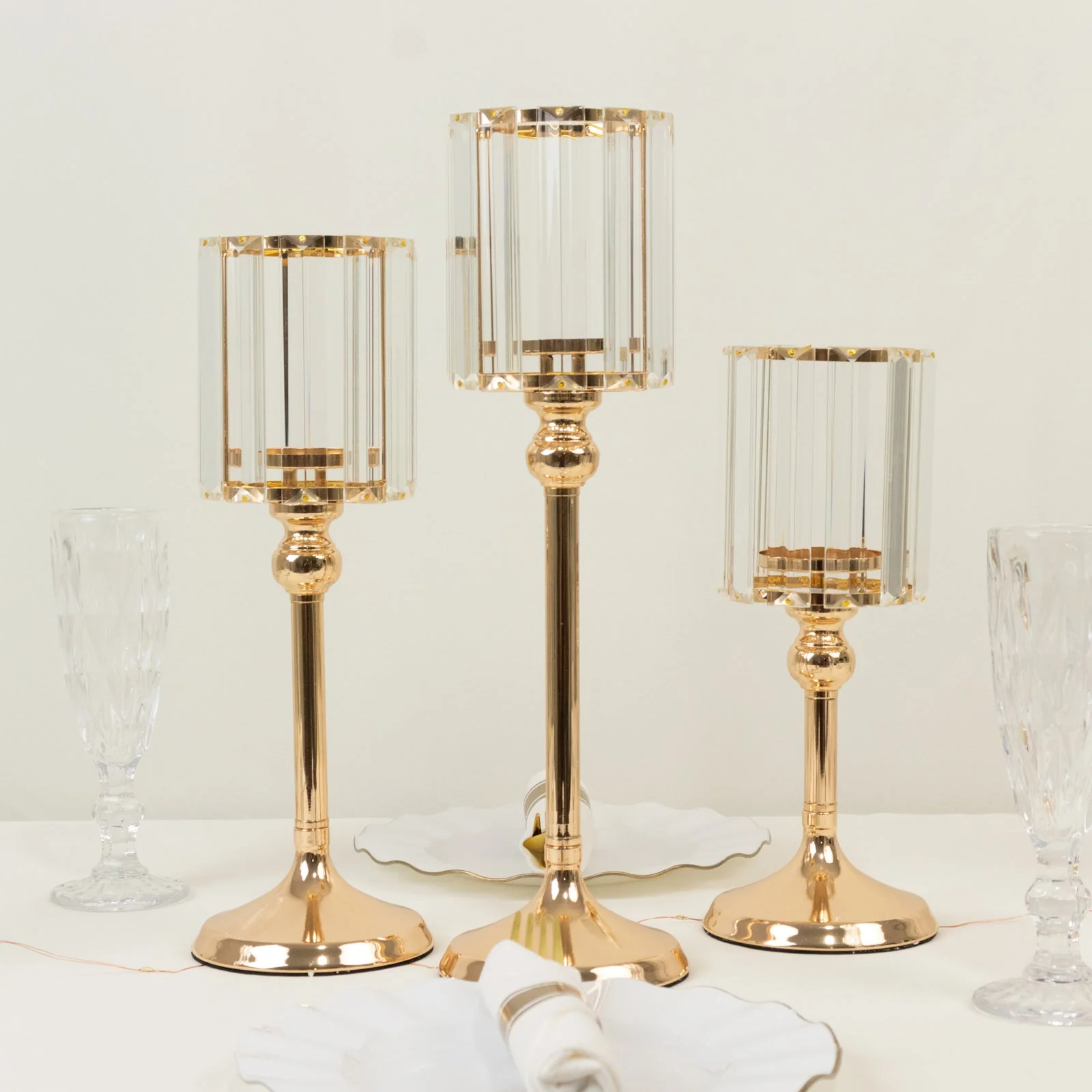 Set of 3 Crystal Pendant Hurricane Candle Holders in Gold, Elegant Cylindrical Design for Pillar Candles, Decorative Table Centerpieces - 11",13",15" - Image 5