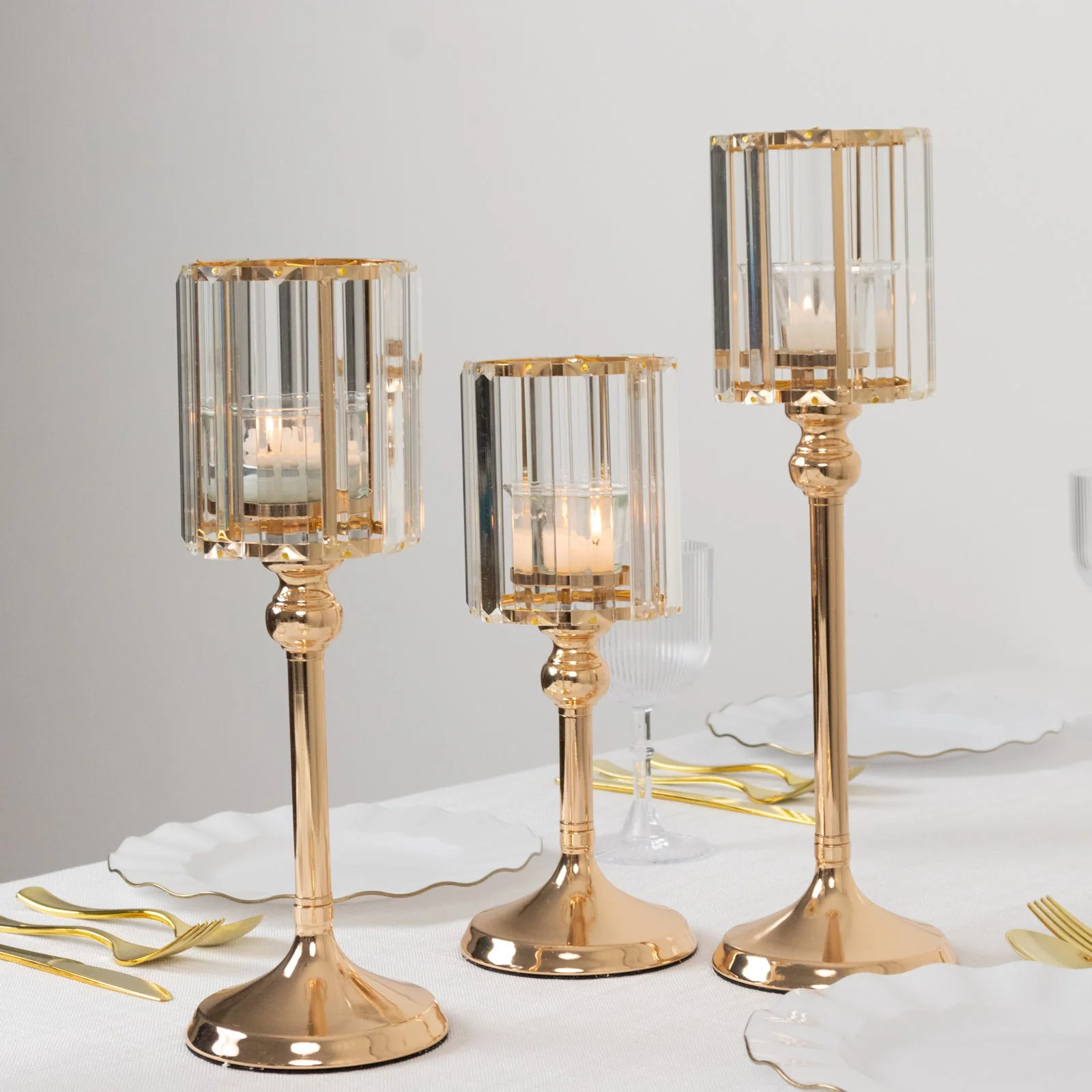 Set of 3 Crystal Pendant Hurricane Candle Holders in Gold, Elegant Cylindrical Design for Pillar Candles, Decorative Table Centerpieces - 11",13",15" - Image 7