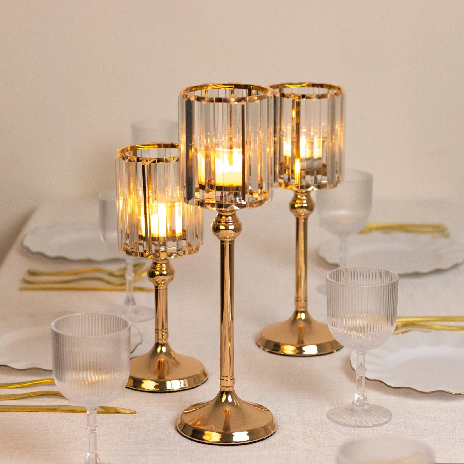 Set of 3 Crystal Pendant Hurricane Candle Holders in Gold, Elegant Cylindrical Design for Pillar Candles, Decorative Table Centerpieces - 11",13",15" - Image 8