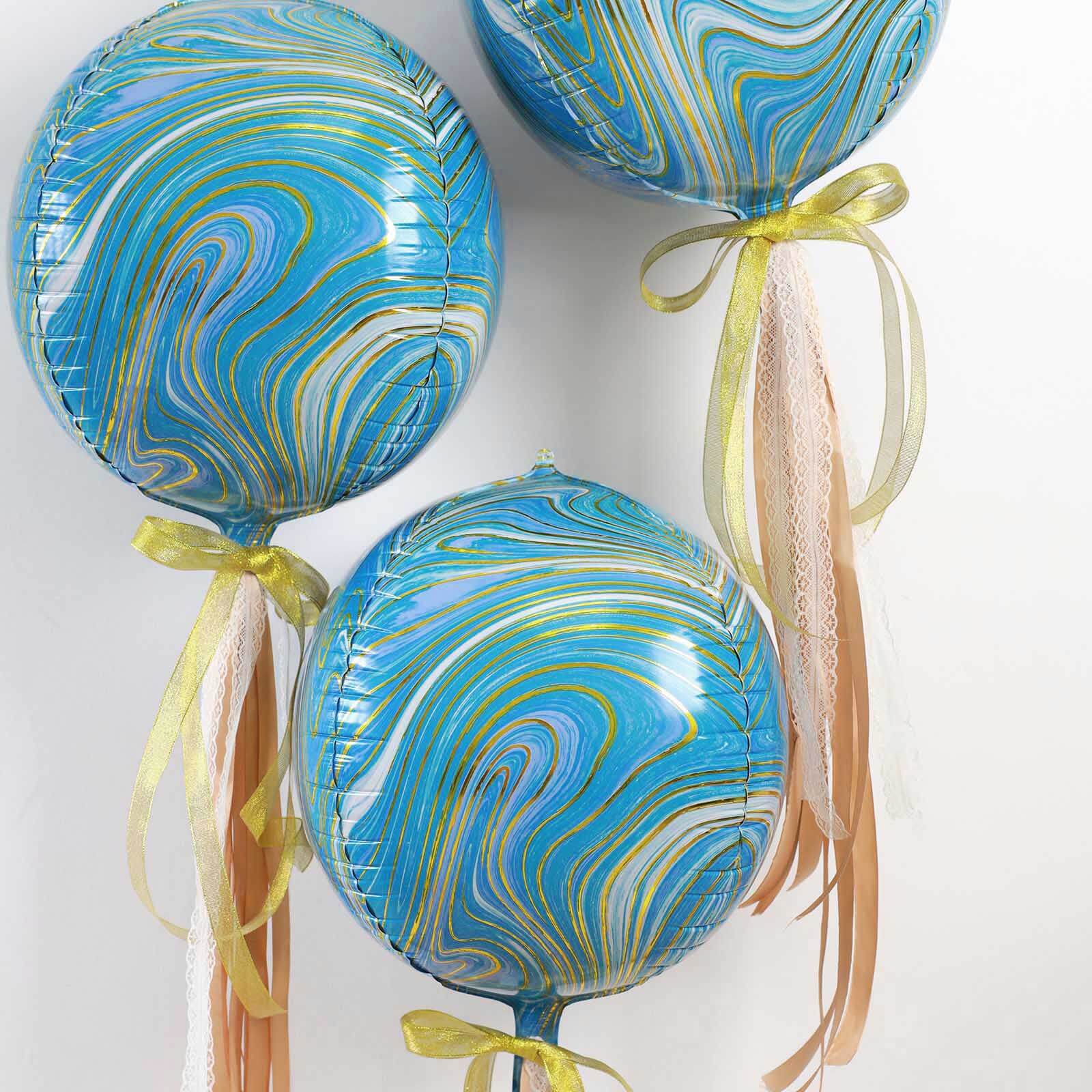 3 Pack Blue/Gold Marble Sphere Foil Helium or Air Balloons 13" 4D - Image 6