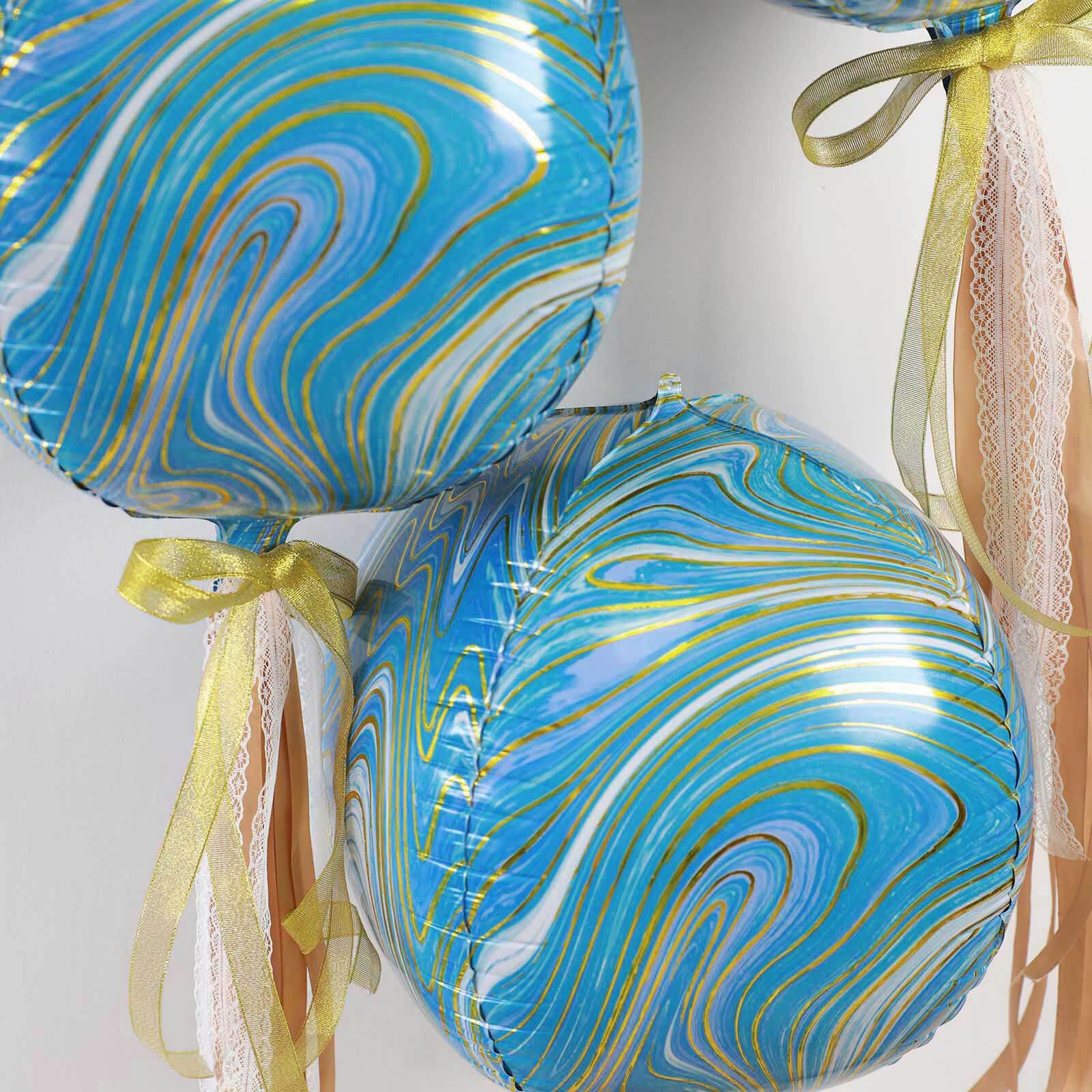 3 Pack Blue/Gold Marble Sphere Foil Helium or Air Balloons 13" 4D - Image 9