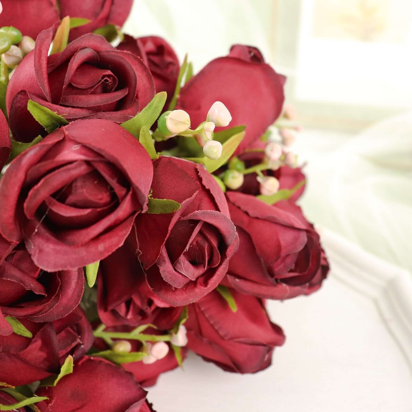 3 Pack Burgundy Real Touch Artificial Rose Bud Flower Bridal Bouquets, Silk Floral Bush Arrangements 13" - Image 2