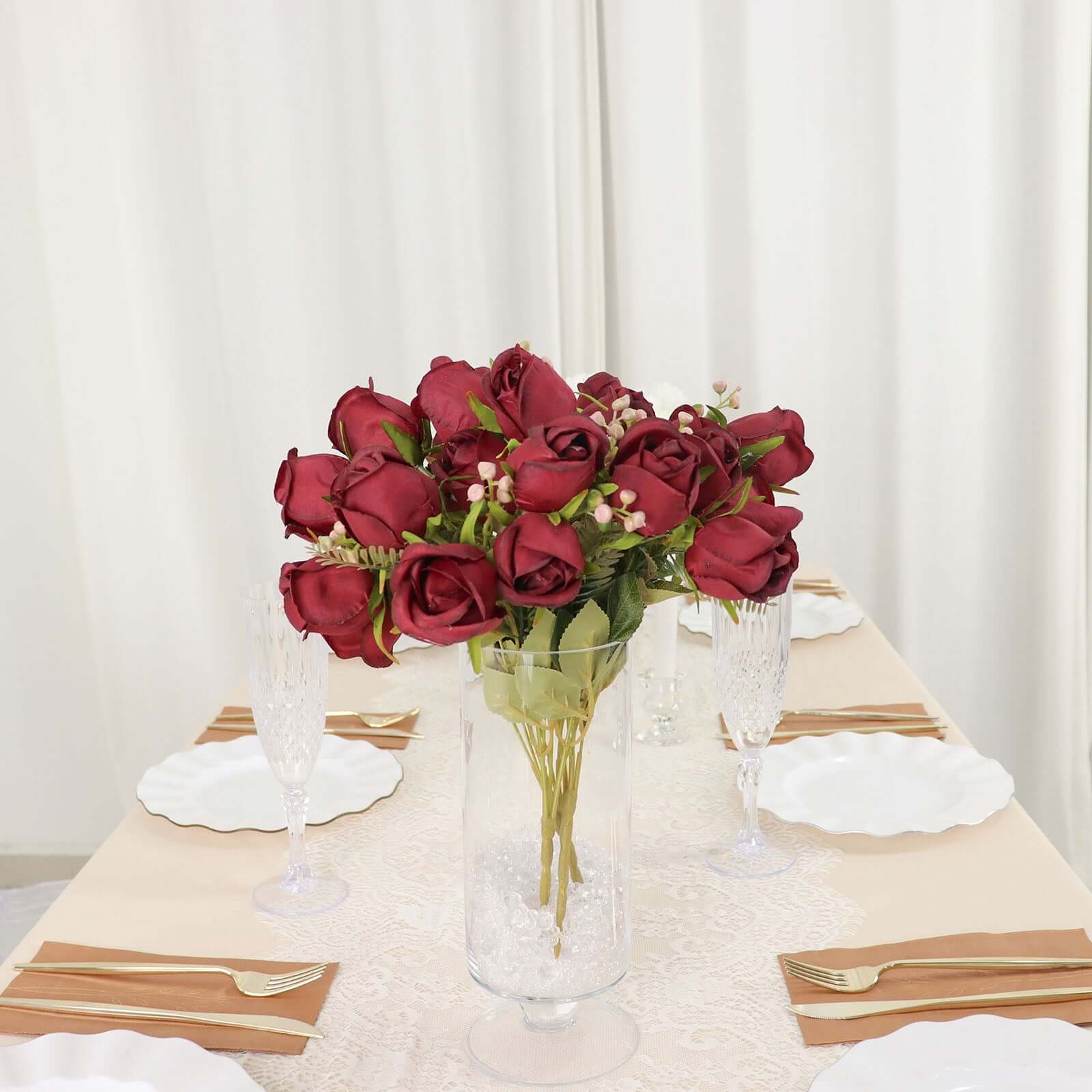3 Pack Burgundy Real Touch Artificial Rose Bud Flower Bridal Bouquets, Silk Floral Bush Arrangements 13" - Image 8
