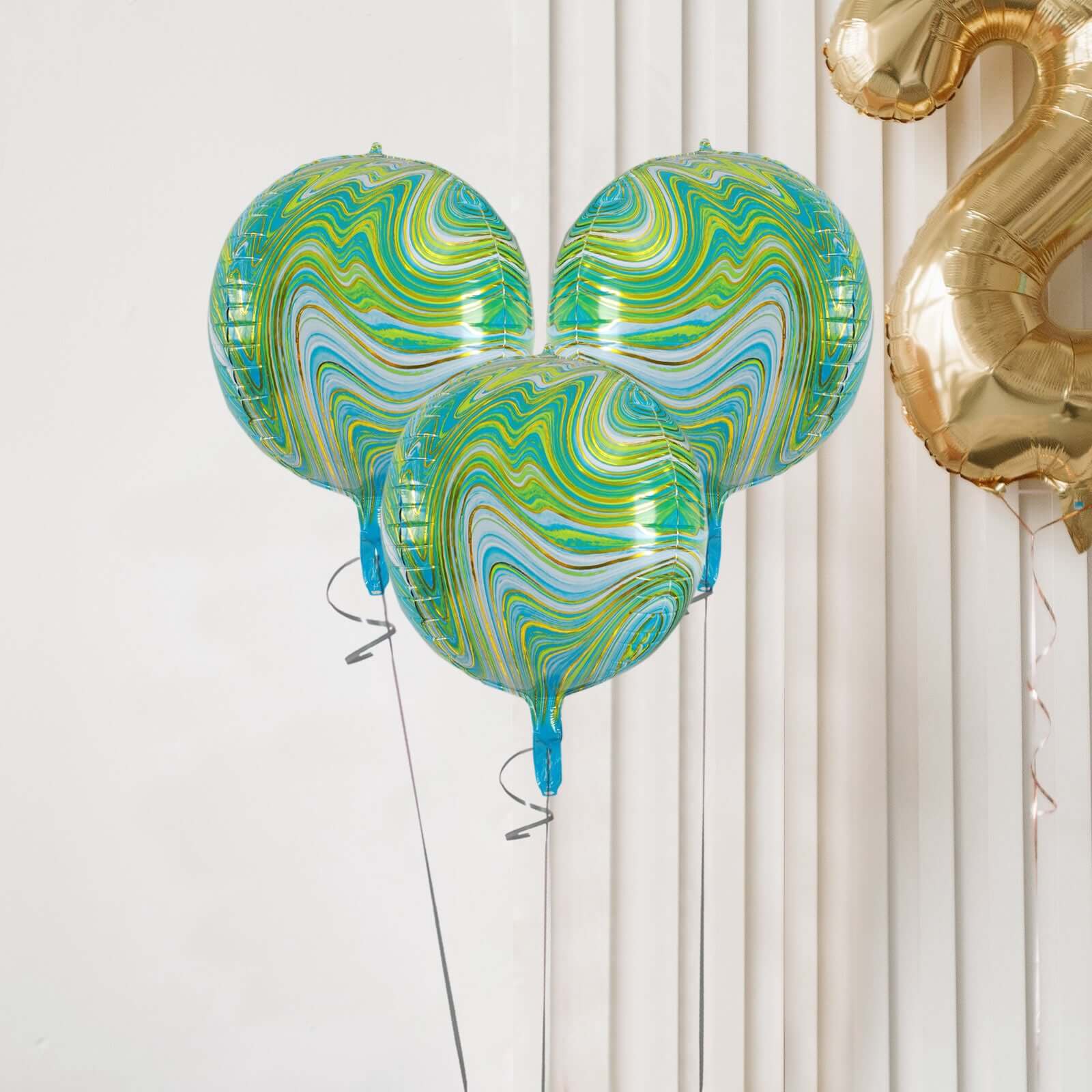 3 Pack Green/Gold Marble Orbz Foil Balloons, 4D Sphere Mylar Balloons 13" - Image 6