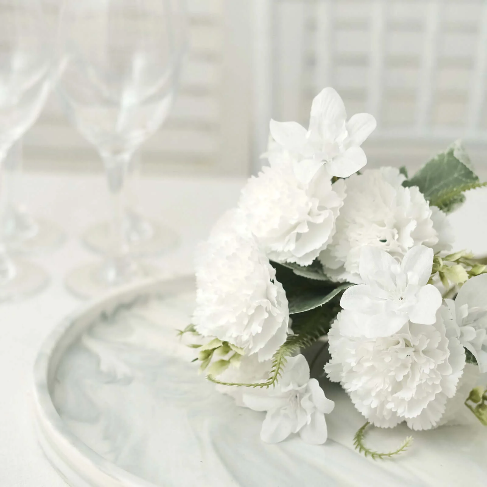 3 Pack White Artificial Silk Carnation Flower Bouquets, Faux Floral Arrangement Bushes 14" - Image 7