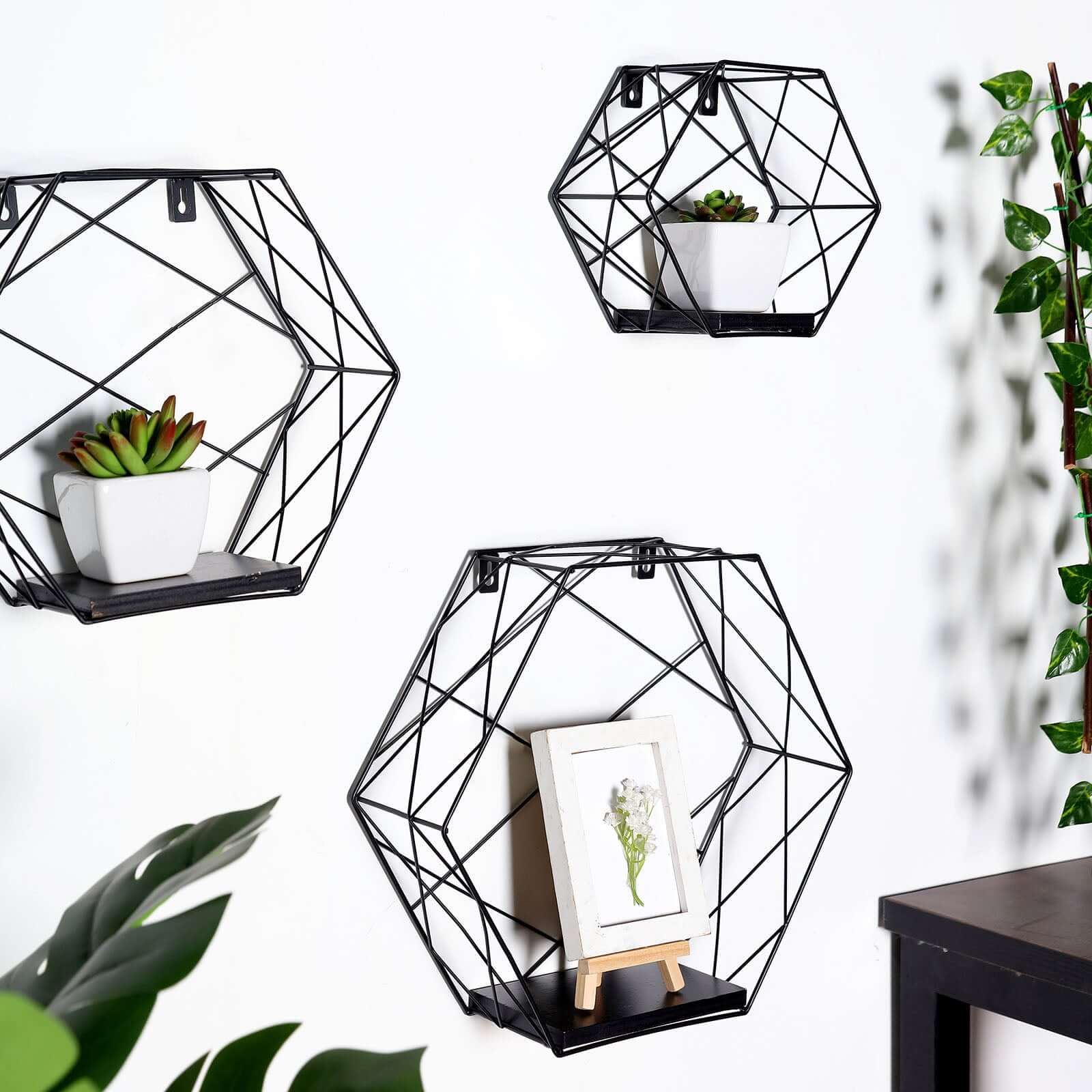 3 Pack Black Hexagonal Floating Wall Shelves, Decorative Geometric Wall Mounted Shelves 9",12",14" - Image 8