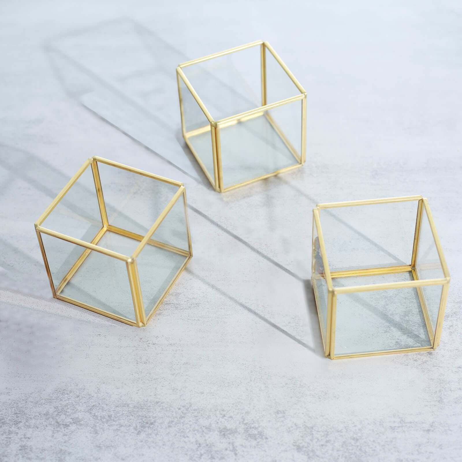 3-Pack Glass Tealight Votive Candle Holders 3" Square Cube Design Clear with Gold Metal Frame - Stackable - Image 8