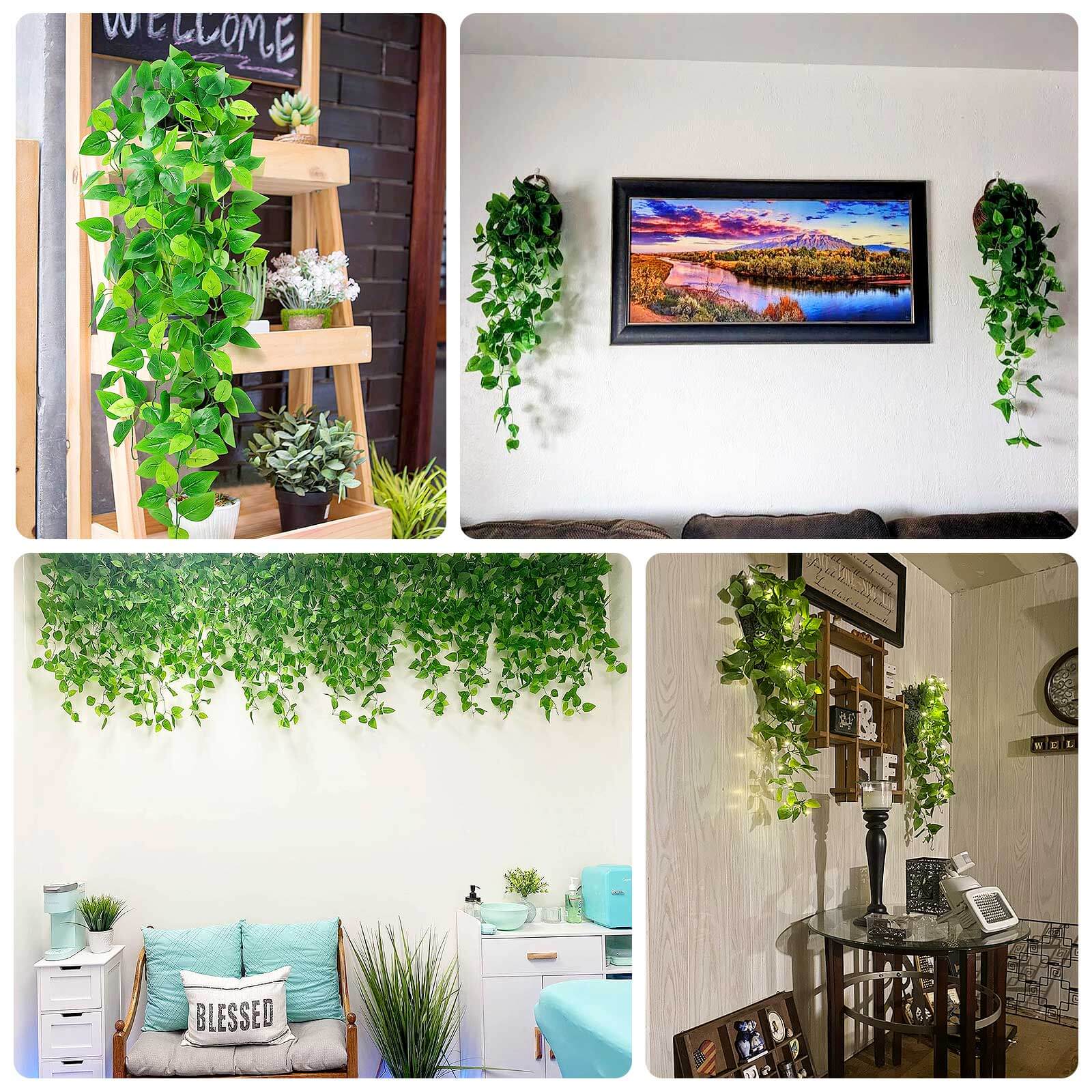 3 Pack Green Silk Pothos Artificial Hanging Plants, Fake Foliage Ivy Vine Garland Vines - 3ft - Image 5