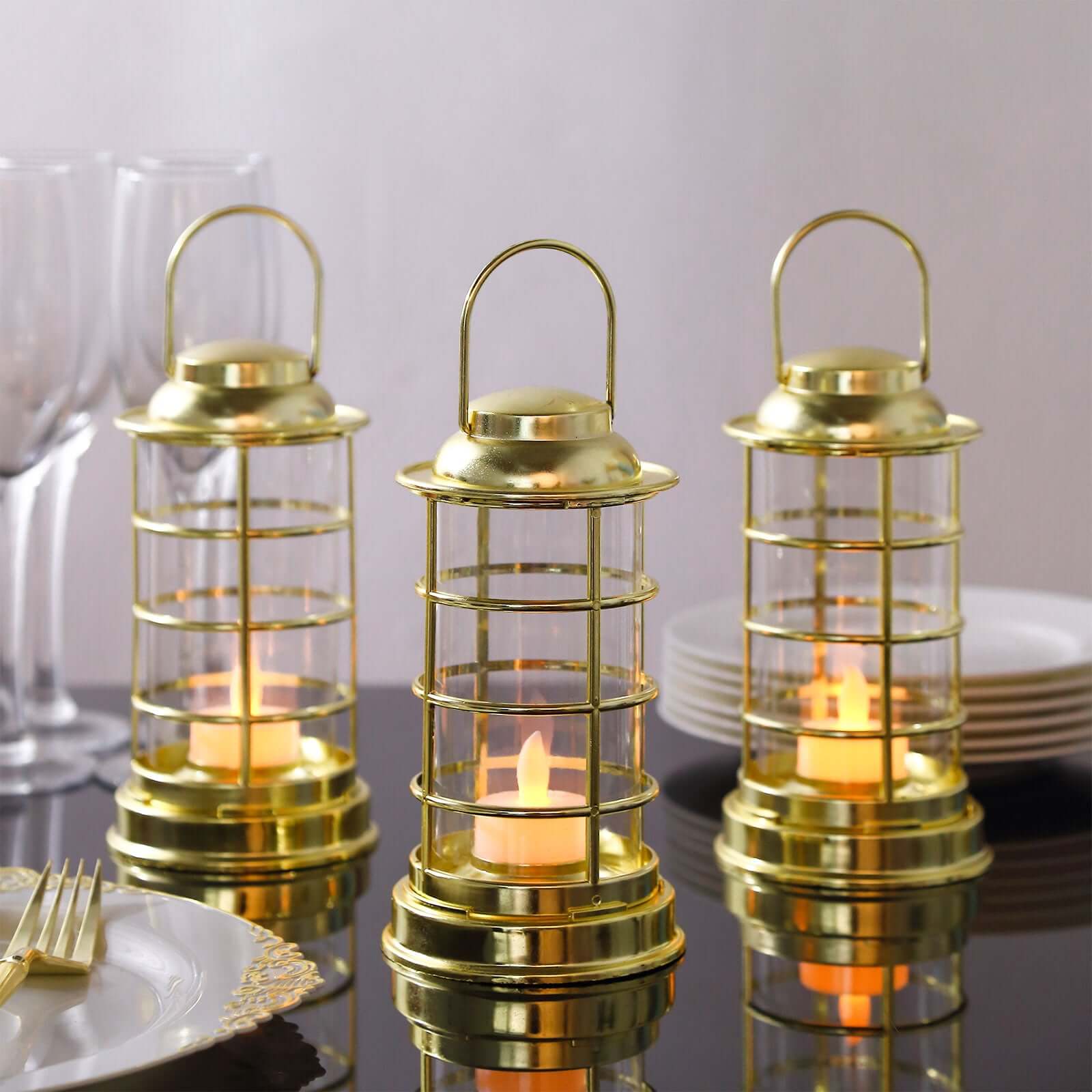 3-Pack LED Mini Lantern Lamps Gold 7" - Battery Operated Decorative Tealight Candles - Image 6