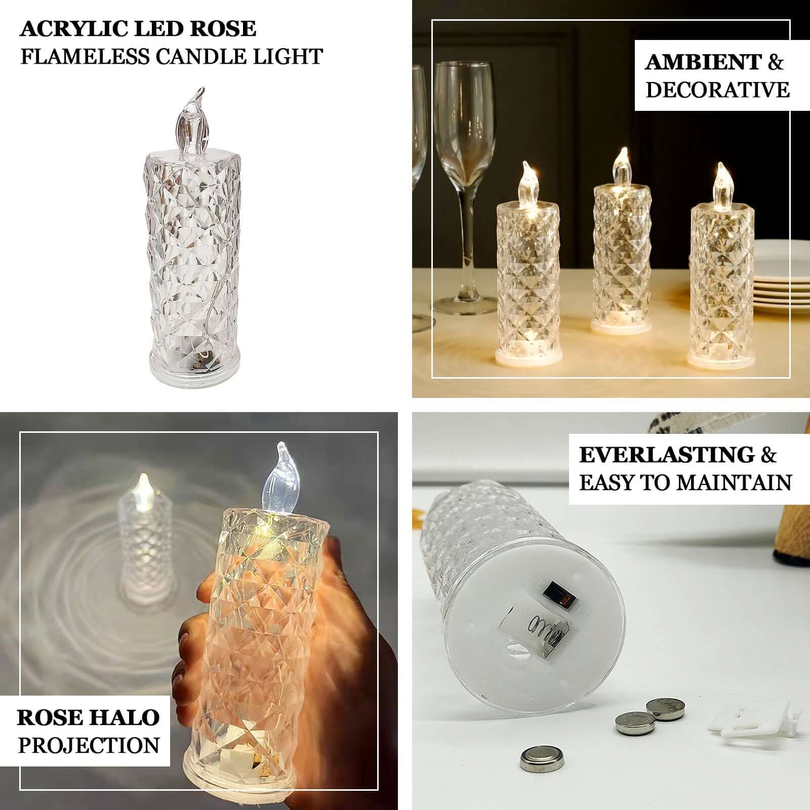 3-Pack LED Pillar Candle Lamps Warm White 6" - Flameless Rose Halo Acrylic Diamond Pattern Lighting - Image 4