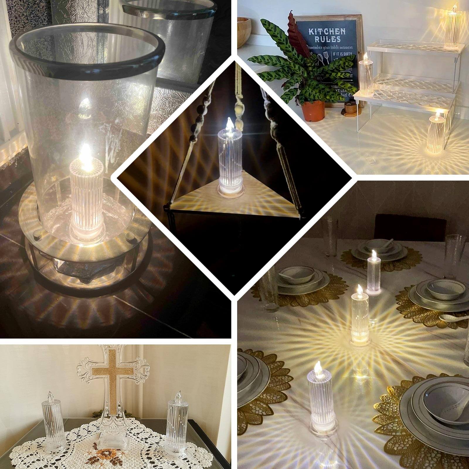 3-Pack LED Pillar Candles Clear Warm White 6" - Flameless Battery Operated Diamond Acrylic Lamps - Image 4