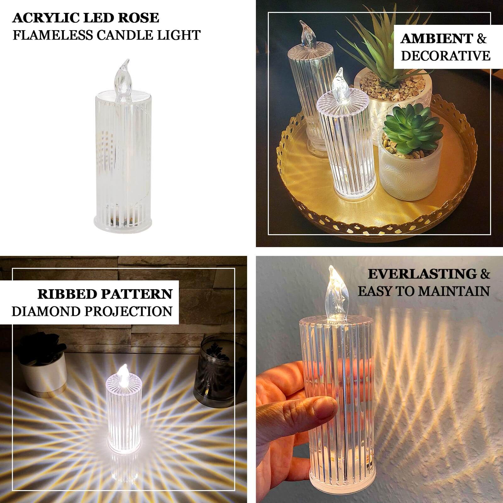 3-Pack LED Pillar Candles Clear Warm White 6" - Flameless Battery Operated Diamond Acrylic Lamps - Image 9
