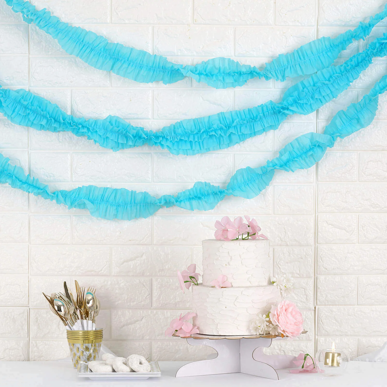 3 Pack Light Blue Ruffled Paper Streamer Rolls, Crepe Tissue Party Decorations 28ft - Image 6