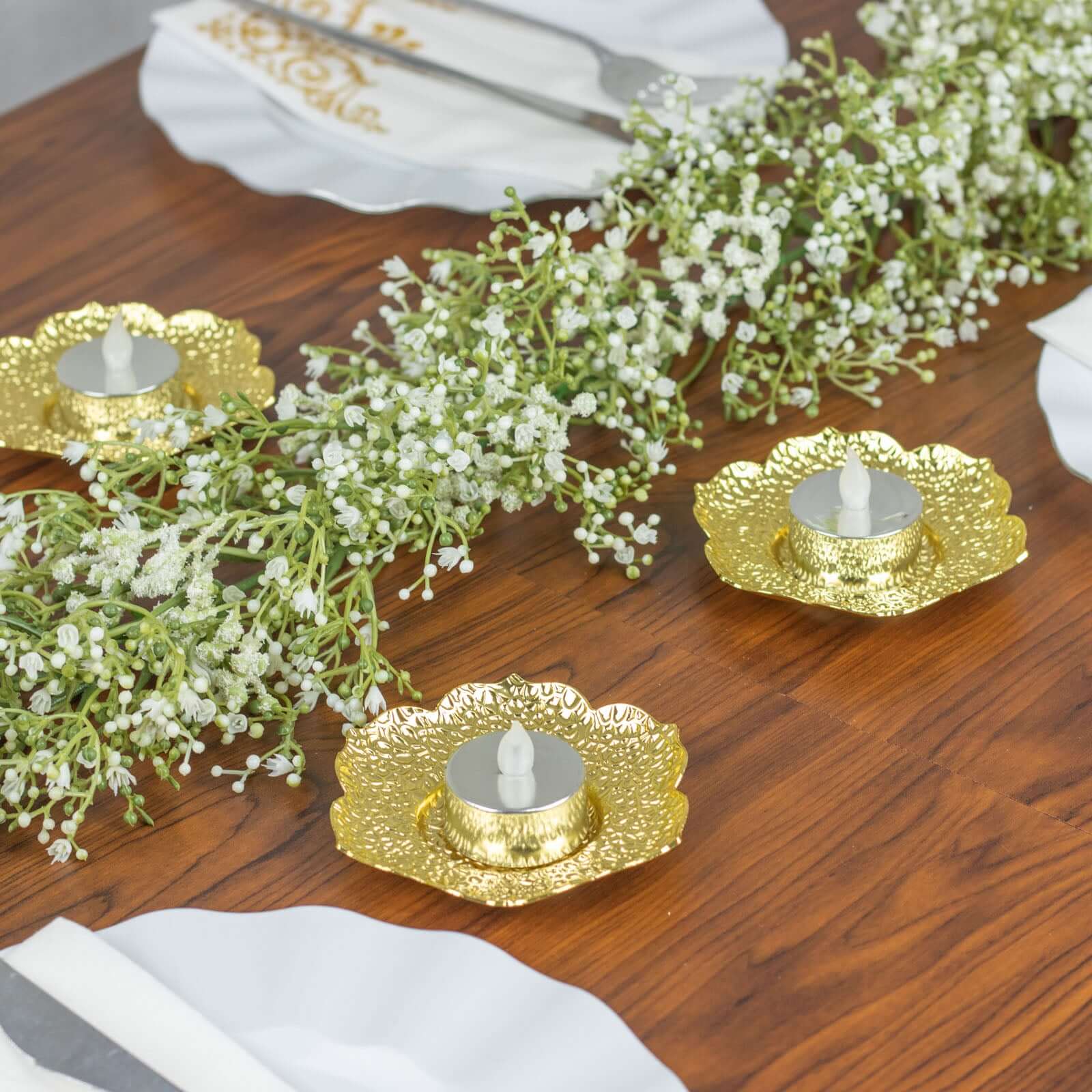 3-Pack Metal Votive Candle Holders 4" Plum Blossom Design Shiny Gold - Vintage Mini Tea Cup Saucers - Image 5