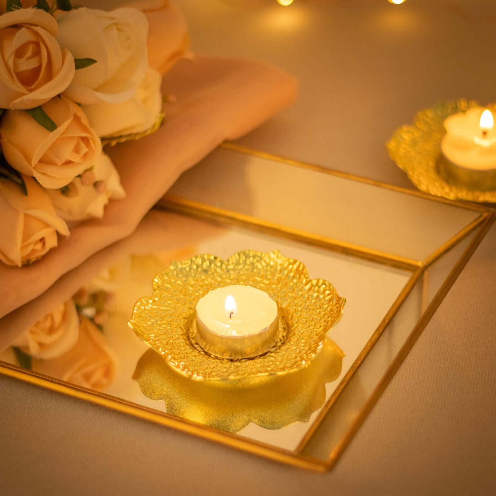 3-Pack Metal Votive Candle Holders 4" Plum Blossom Design Shiny Gold - Vintage Mini Tea Cup Saucers - Image 8