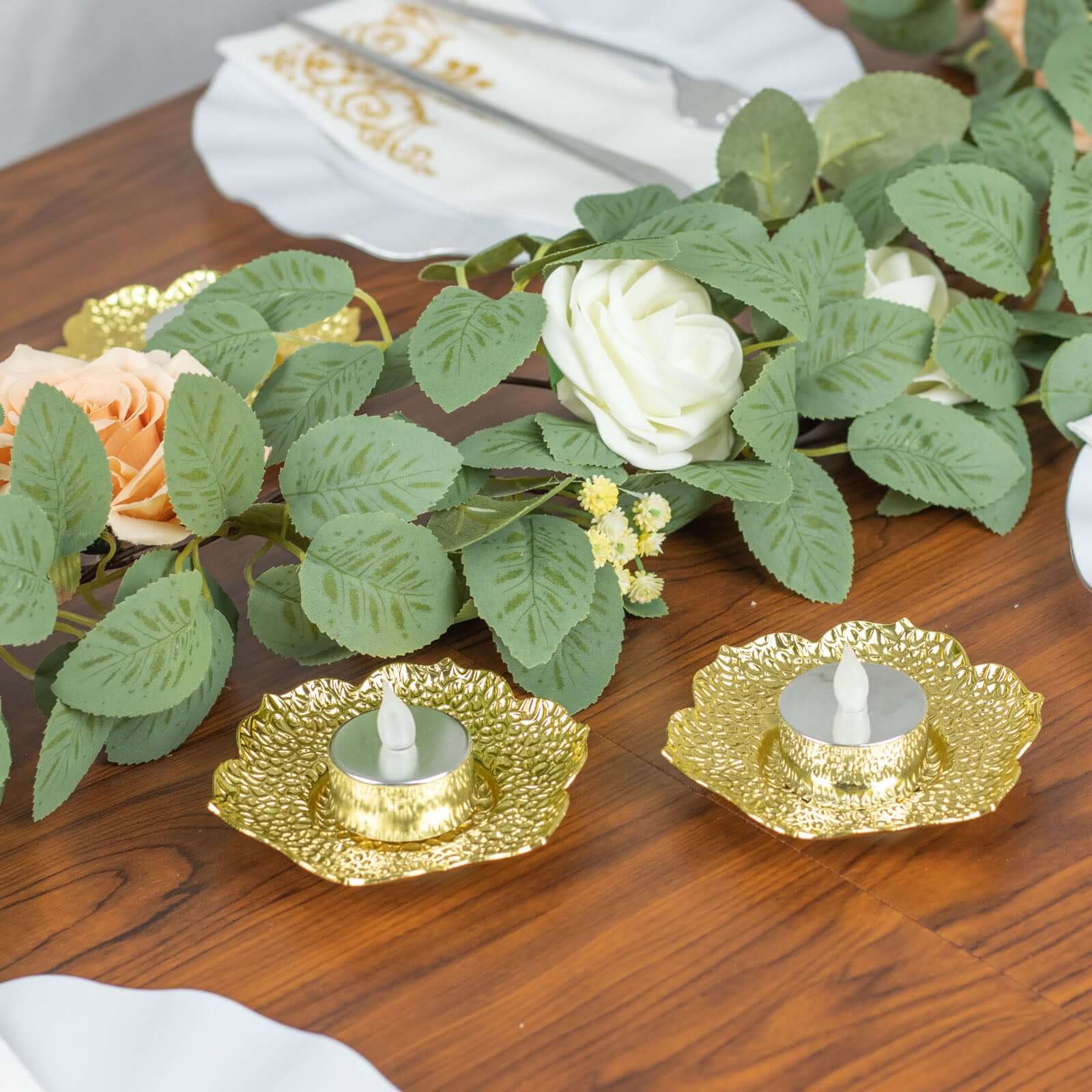 3-Pack Metal Votive Candle Holders 4" Plum Blossom Design Shiny Gold - Vintage Mini Tea Cup Saucers - Image 9