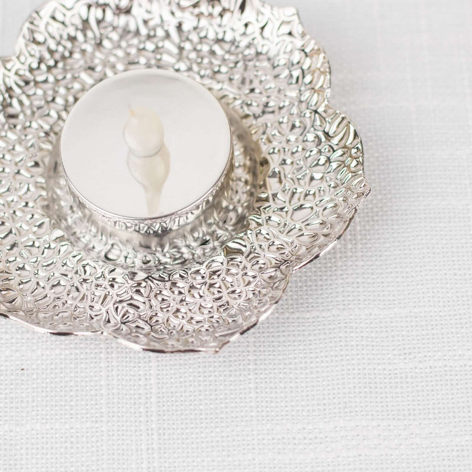 3-Pack Metal Votive Candle Holders 4" Plum Blossom Design Shiny Silver - Vintage Mini Tea Cup Saucers - Image 16