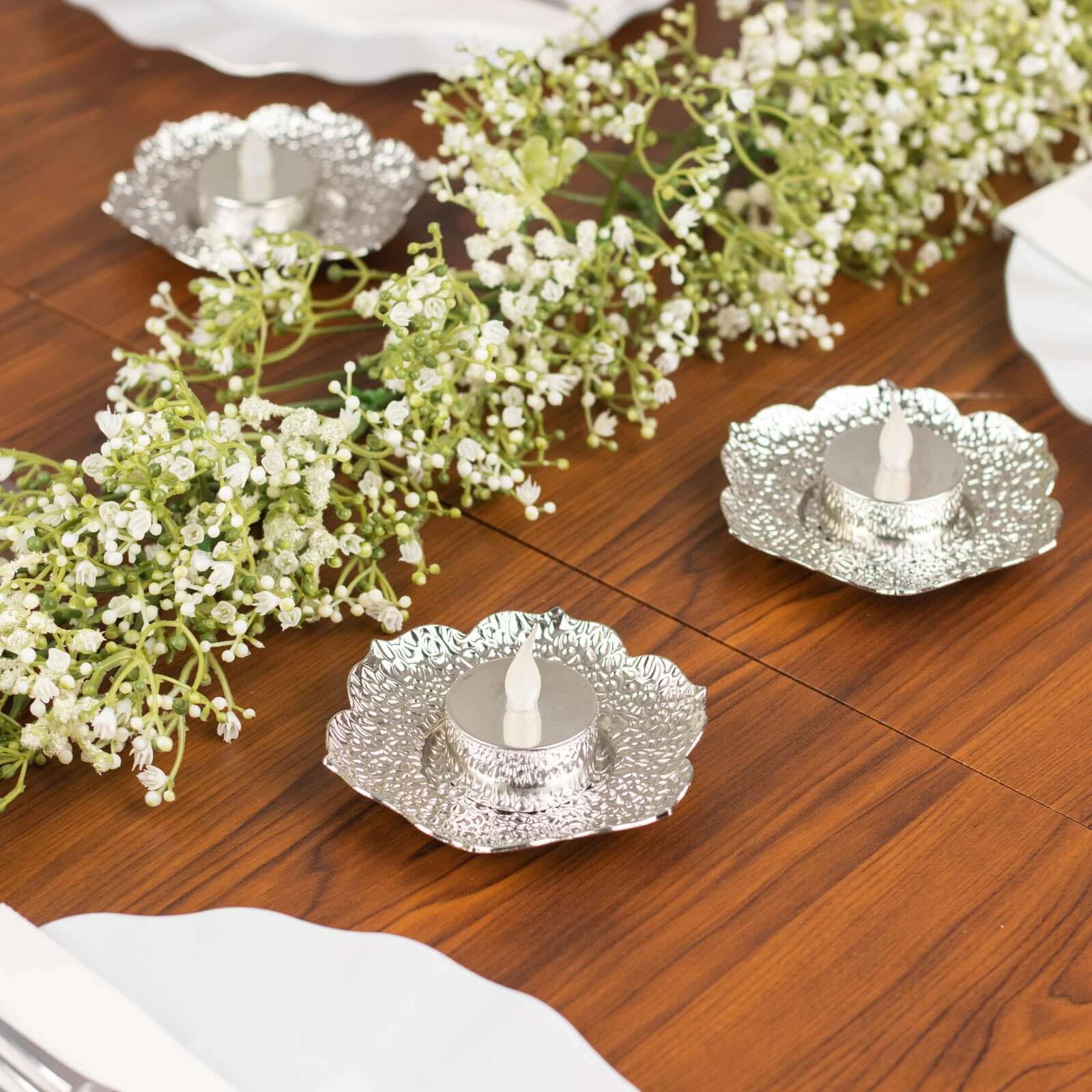 3-Pack Metal Votive Candle Holders 4" Plum Blossom Design Shiny Silver - Vintage Mini Tea Cup Saucers - Image 2