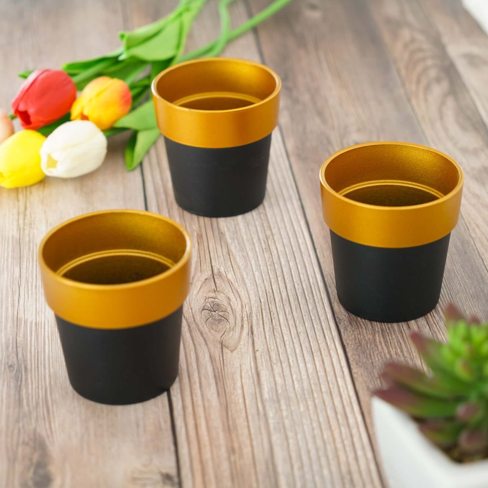 3-Pack Plastic Flower Plant Pots 3" Small Black with Gold Rim - Indoor Decorative Planters - Image 6