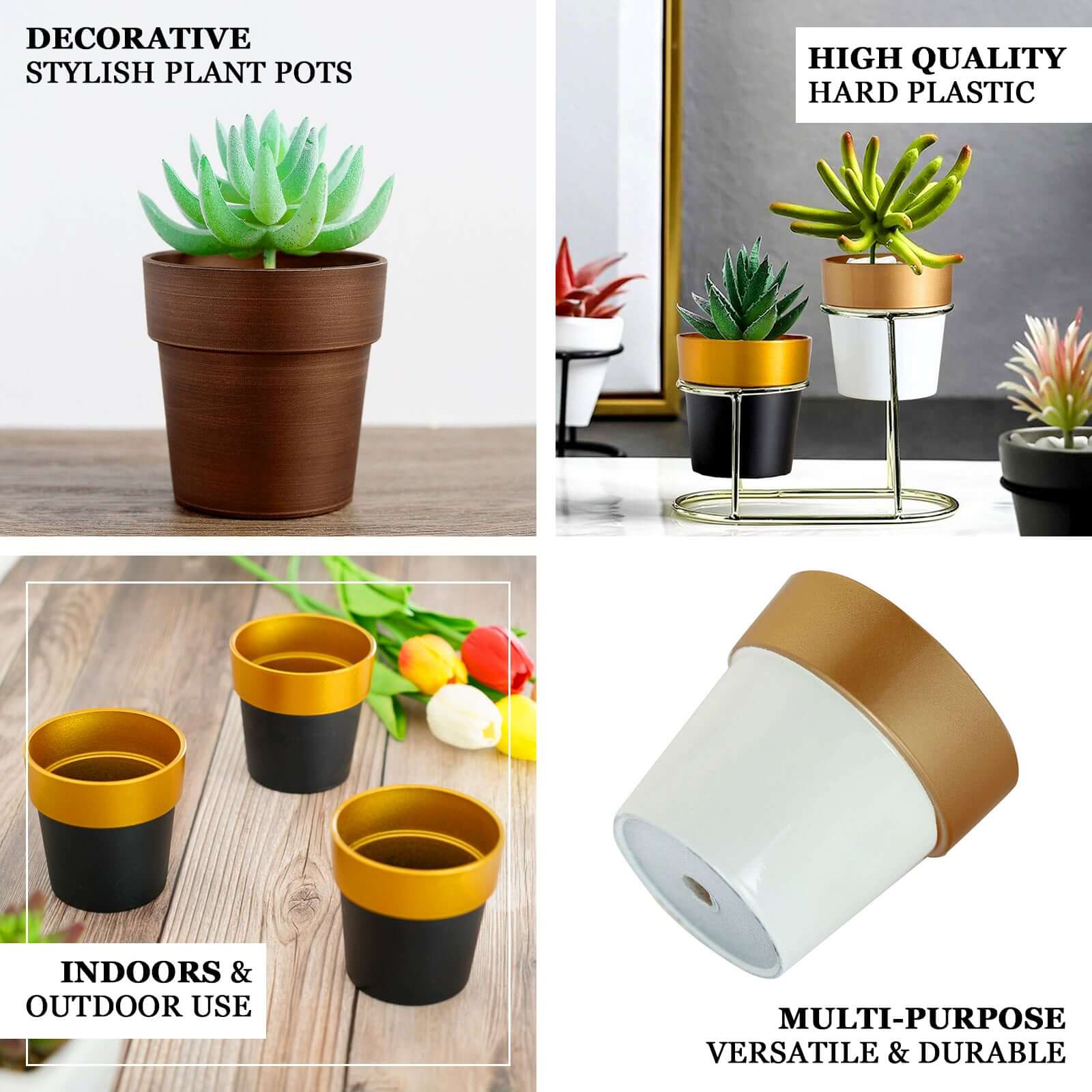3-Pack Plastic Flower Plant Pots 3" White with Gold Rim - Indoor Decorative Planters - Image 4