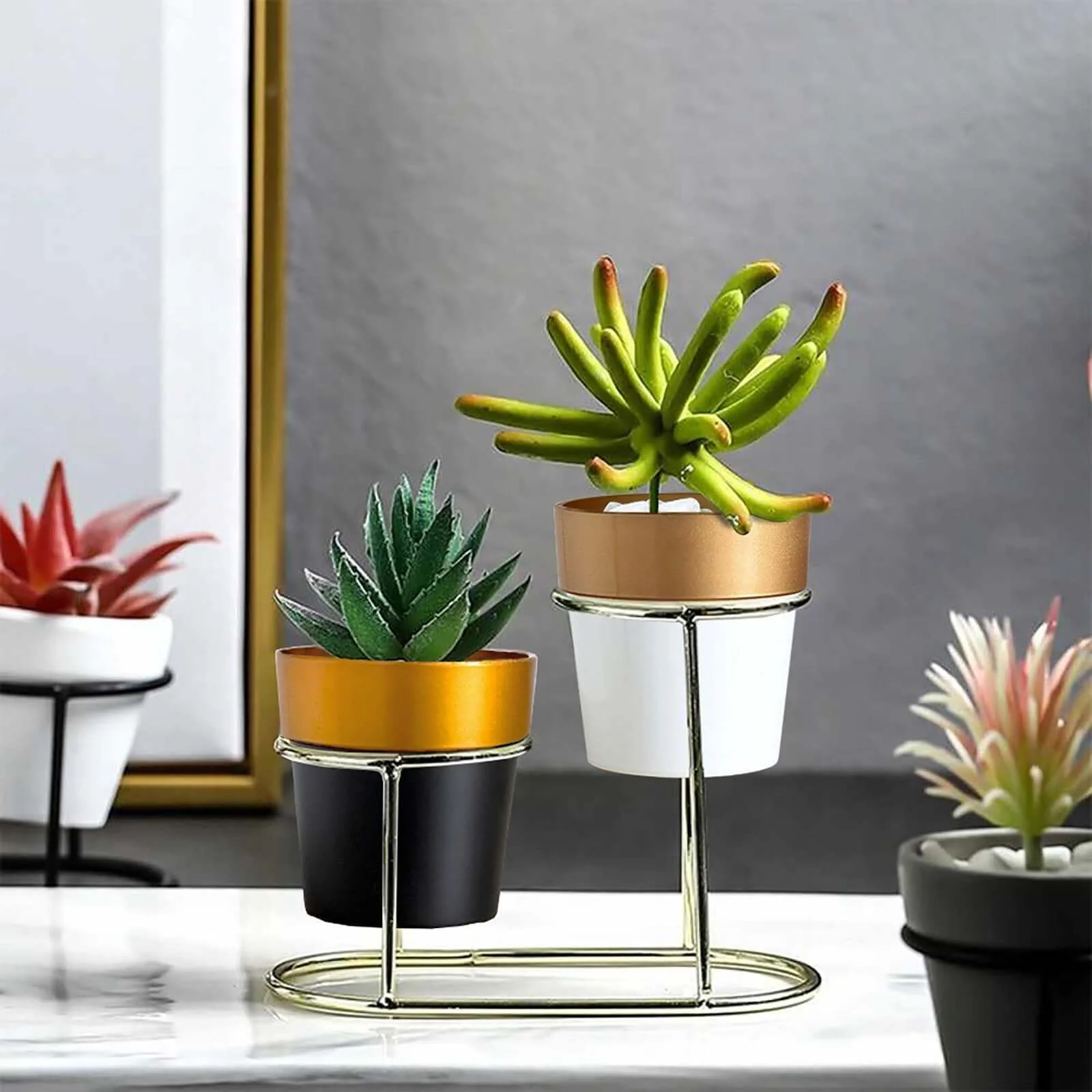 3-Pack Plastic Flower Plant Pots 3" White with Gold Rim - Indoor Decorative Planters - Image 8