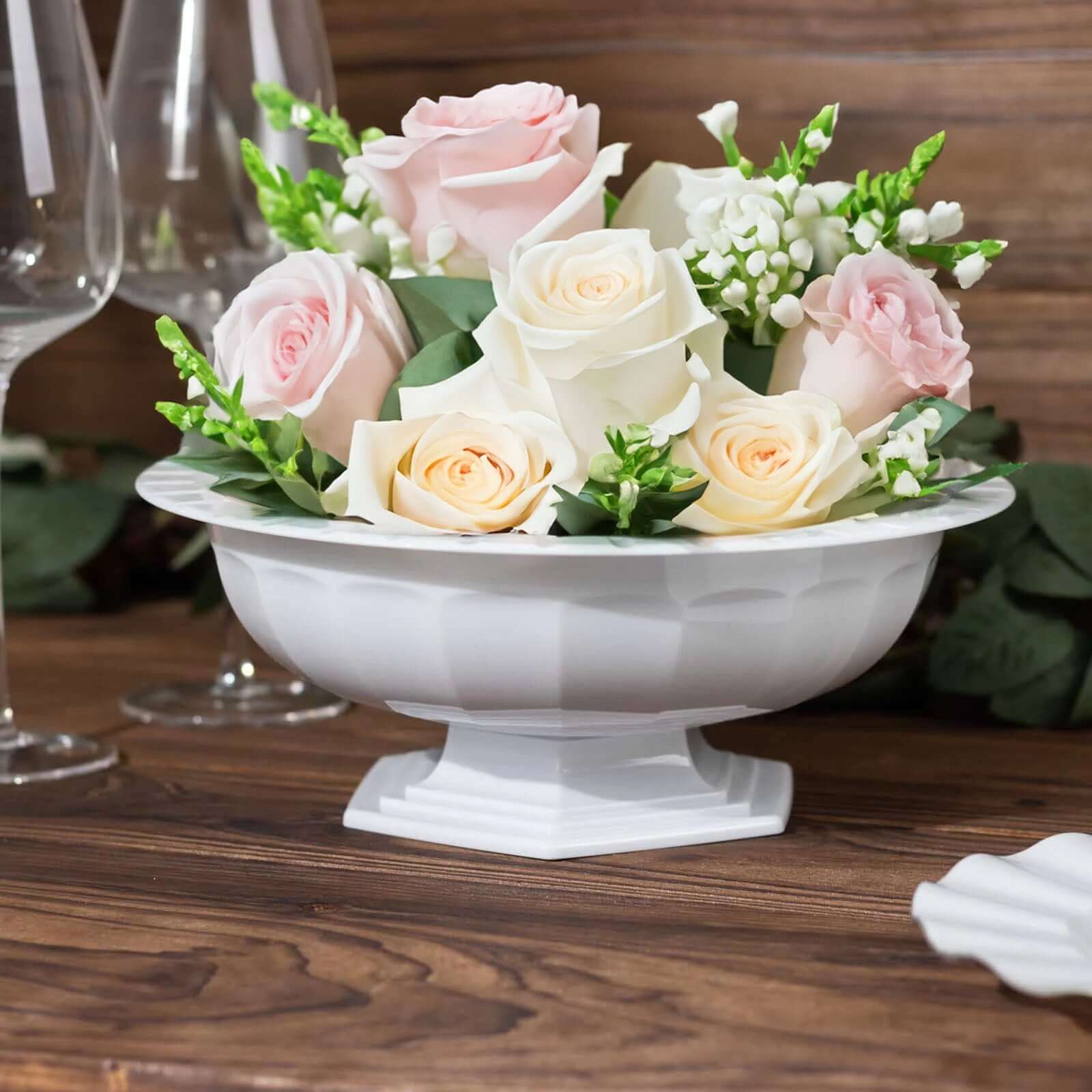3-Pack Plastic Flower Vases Footed Compote Bowl 10" Roman Style White - Round Decorative Pedestal Centerpieces