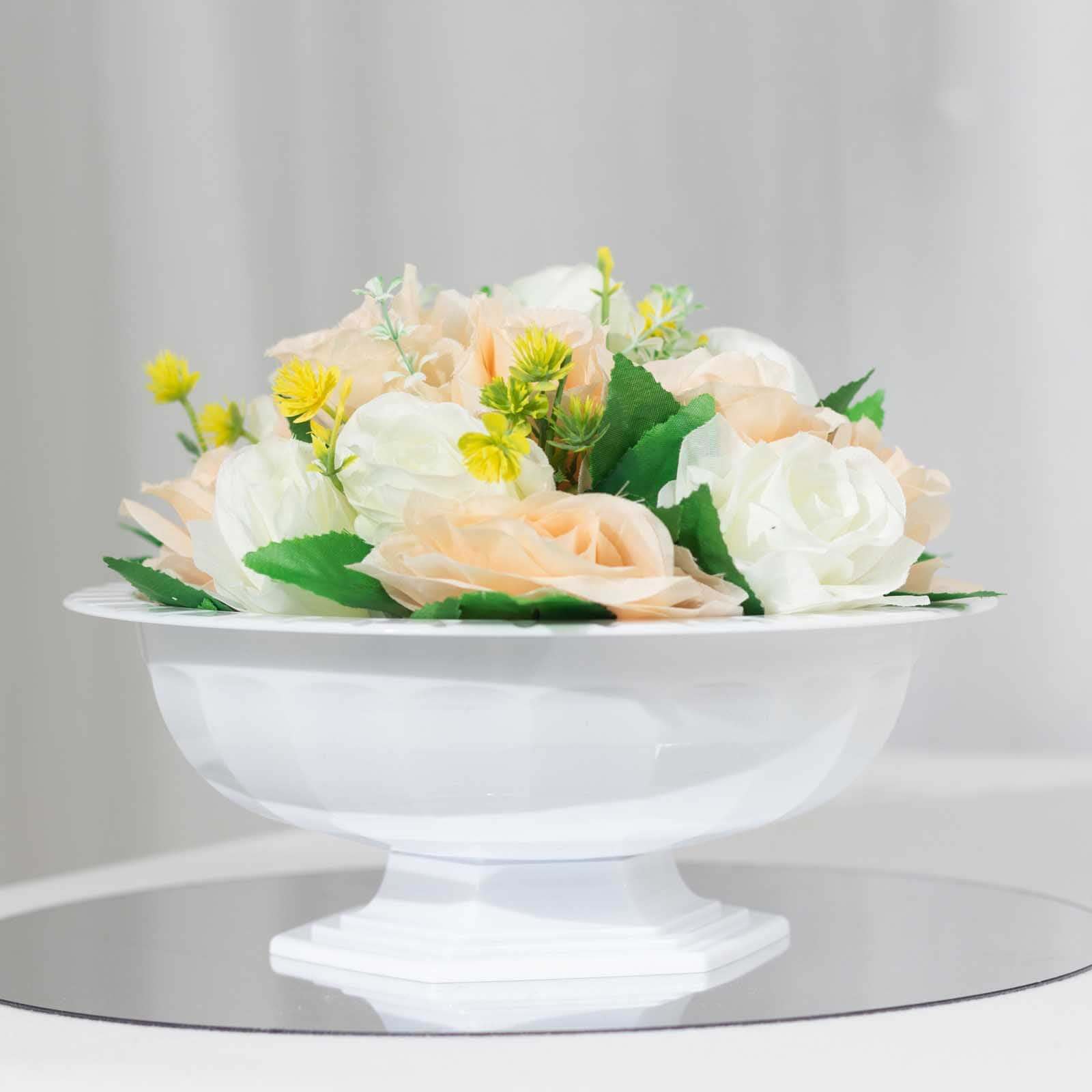 3-Pack Plastic Flower Vases Footed Compote Bowl 10" Roman Style White - Round Decorative Pedestal Centerpieces - Image 6