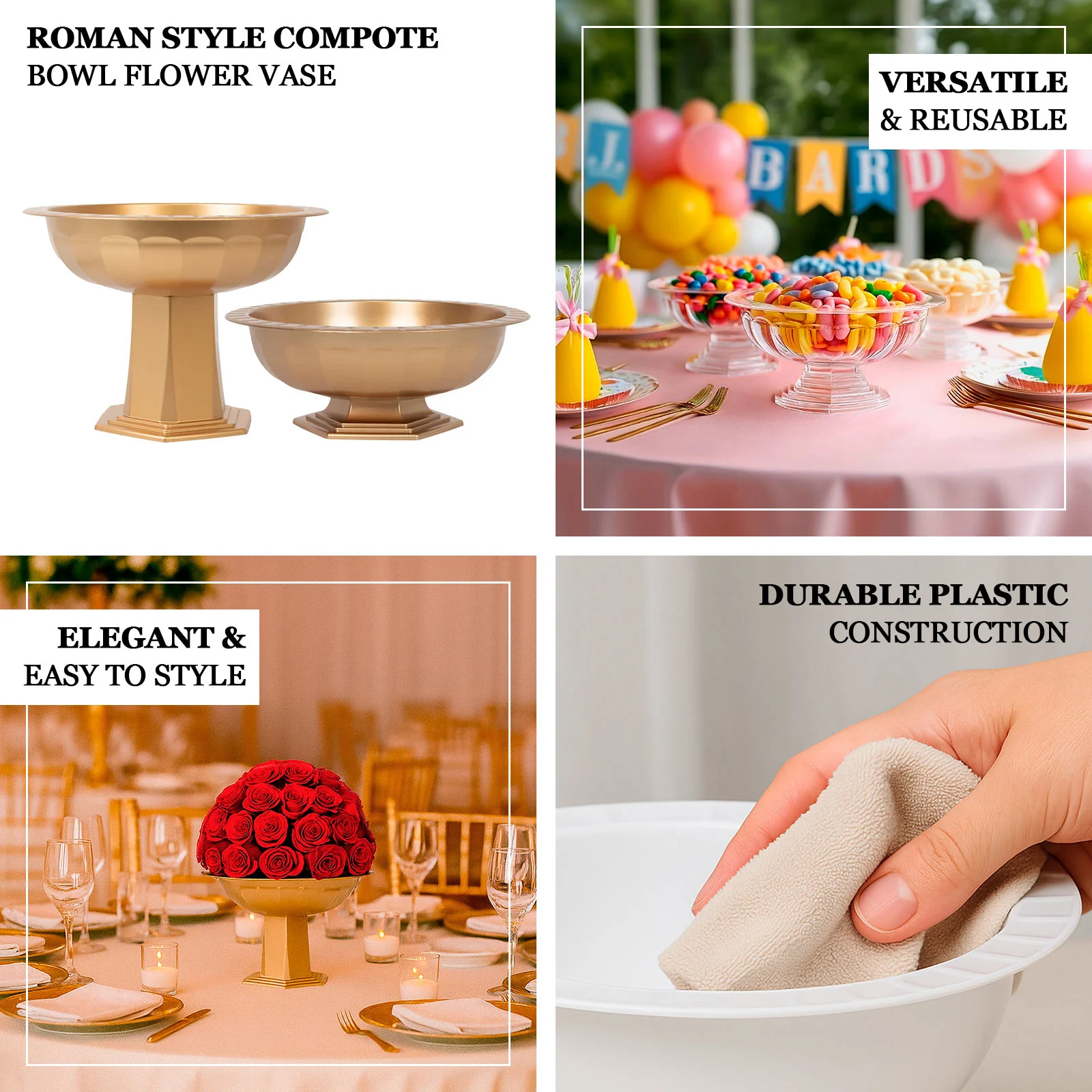 3 Pack Gold Roman Footed Pedestal Bowl Vases, 10"x7" Plastic Compote Flower Stands for Table Centerpiece Arrangements - Image 4